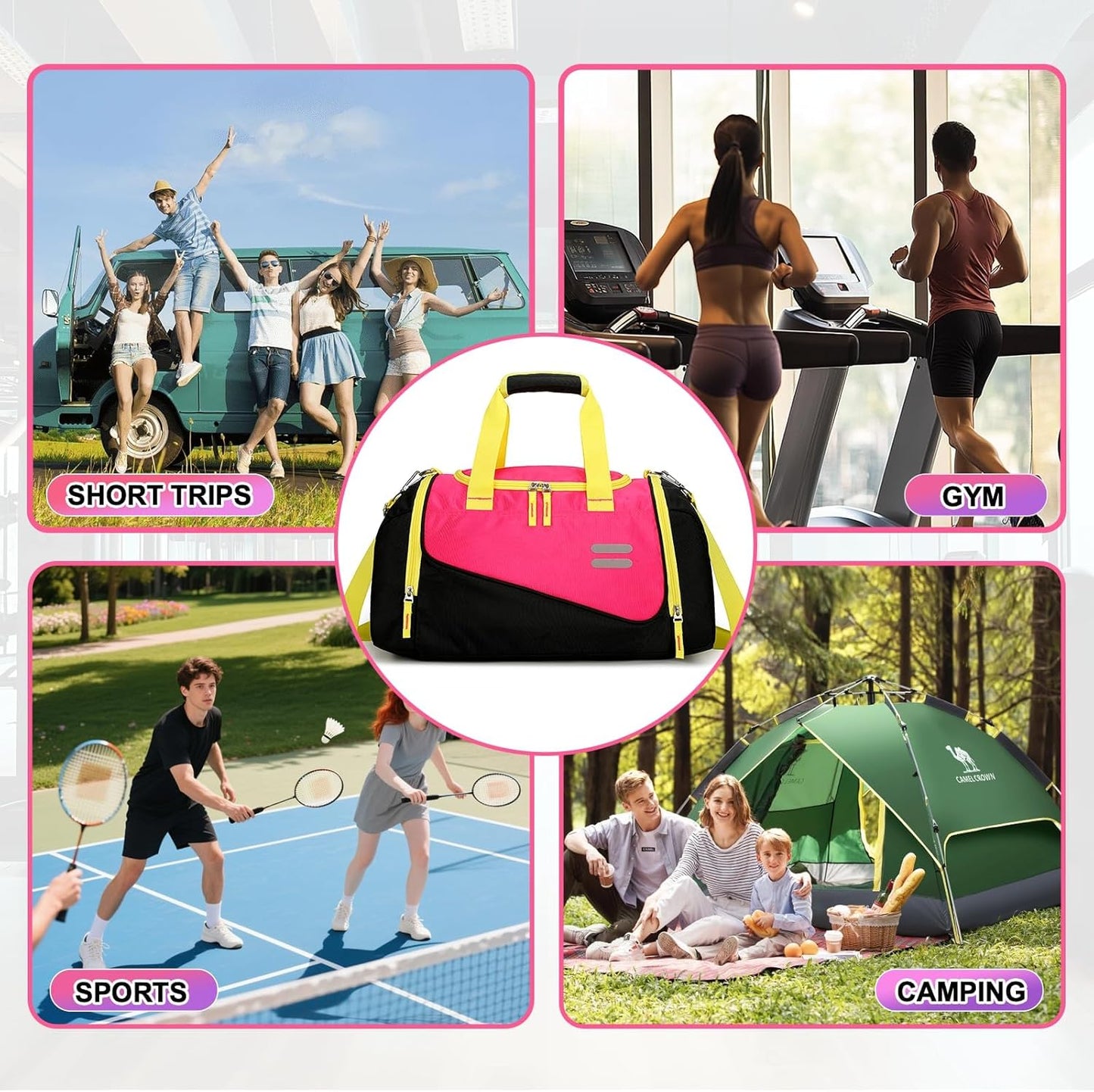 Urbanstand Gym Bag for Men & Women - 40L Duffel Bag with Shoe Compartment, Carry On Weekender Water Resistant Duffle Bag for Travel, Sports, Fitness & Workout, Pink Yellow