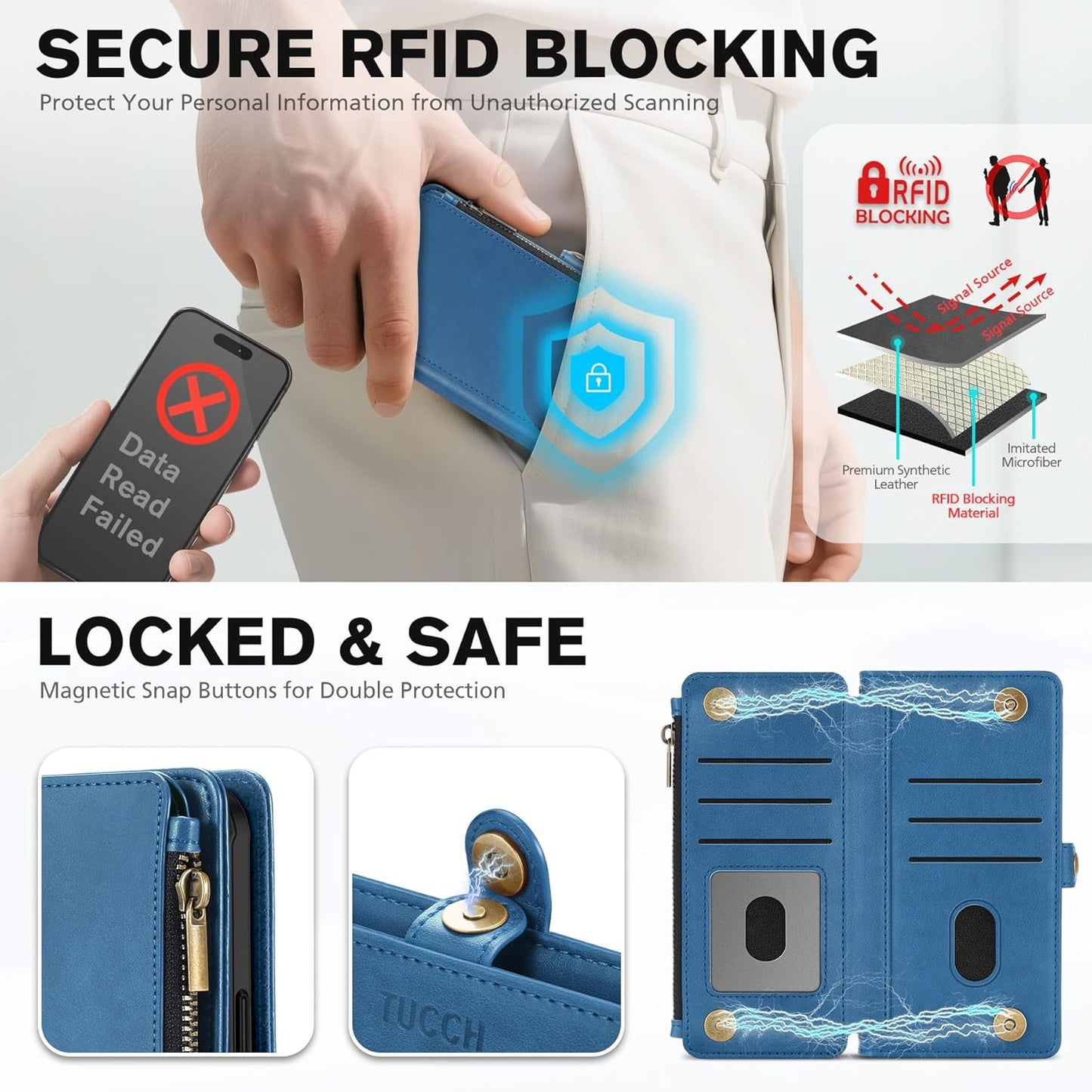 TUCCH Removable Crossbody Case Wallet for iPhone Air (6.5") 2025, Wireless Charging, RFID Blocking 9 Card Slots, Lanyard, Wrist Strap, Zipper Pocket, PU Leather, Stand Magnetic Cover, Light Blue