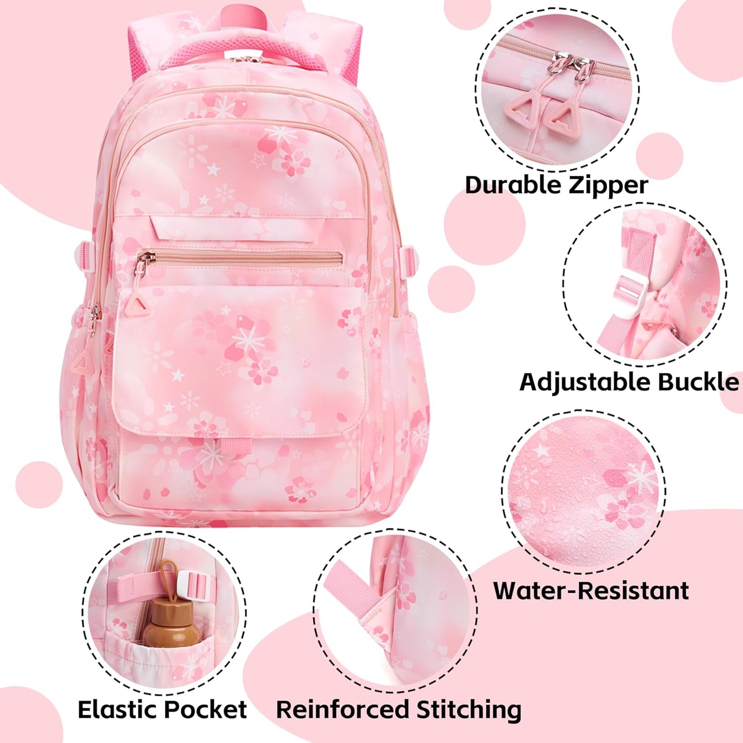 Kids Backpack for Girls Flower schoolbag with Lunch Bag & Pen Case Waterproof Girl Bookbag for Elementary school(pink)