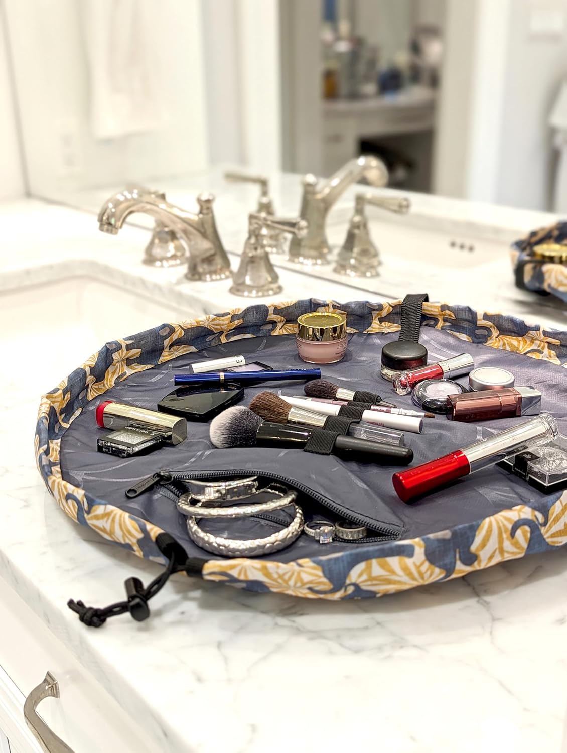 Lay-n-Go Cosmo Layflat Drawstring Cosmetic & Makeup Bag Organizer - Portable Drawstring Bag w/Zipper Pocket, Makeup Loops & More - Durable, Machine Washable Costmeic Bag for Travel (20", Elephants)