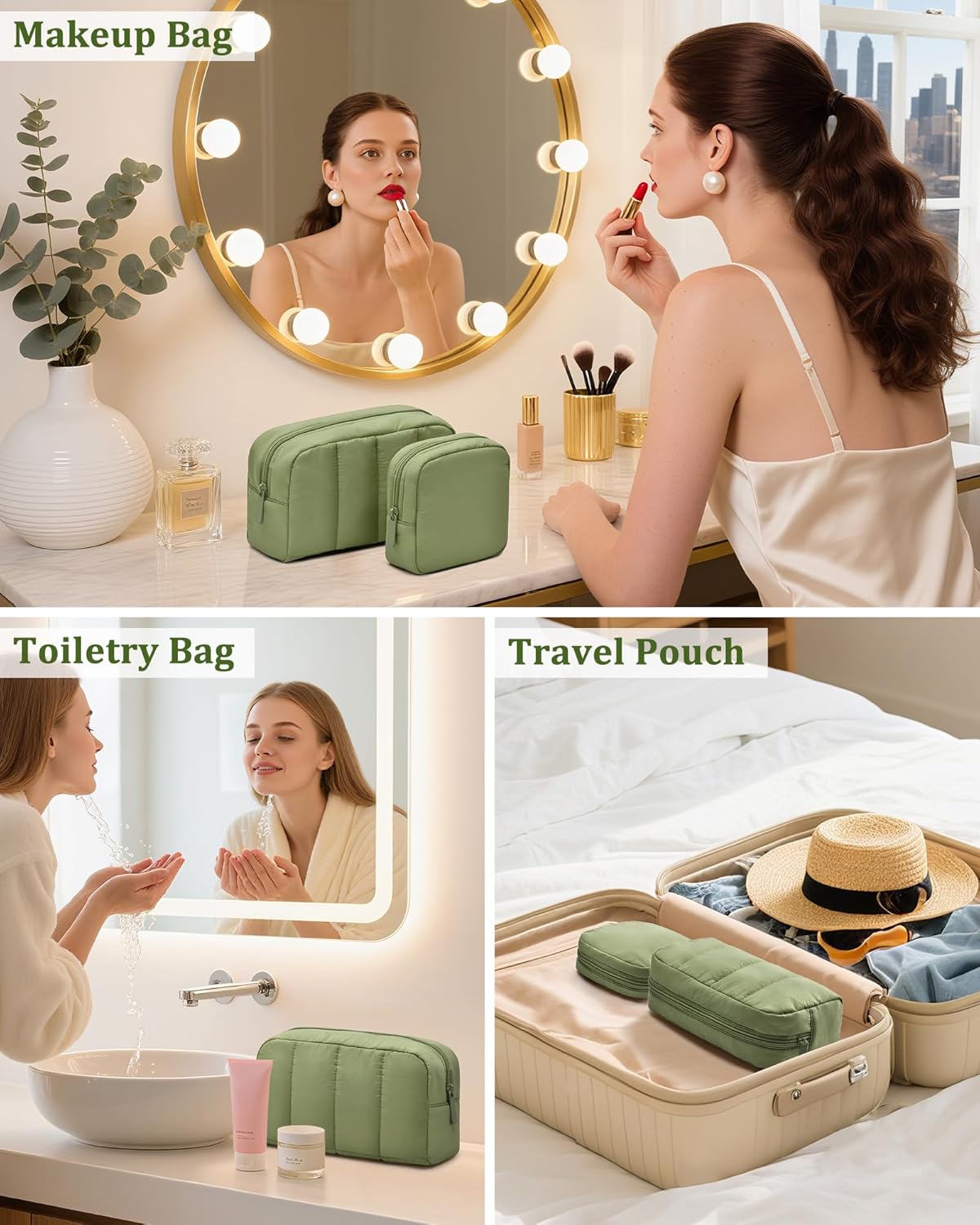 oscaurt 2 Pcs Makeup Bag Travel Toiletry Bag for Women Puffy Padded Cosmetic Pouch Purse Wide-open Makeup Organizer Case Travel Essentials