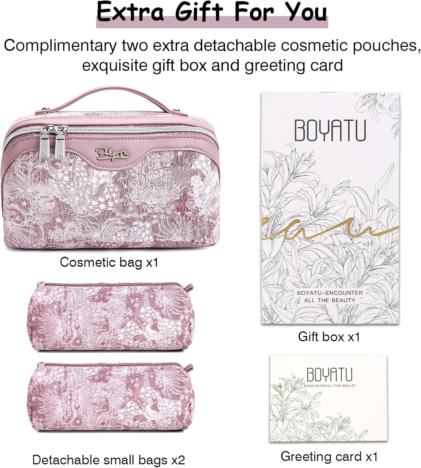 BOYATU Travel Makeup Bag for Women: Large Capacity Make up Bag with Compartments - Vegan Leather Cosmetic Bag set of 3 - Waterproof Toiletry Bag with Handle & Divider(E-1-Purple)