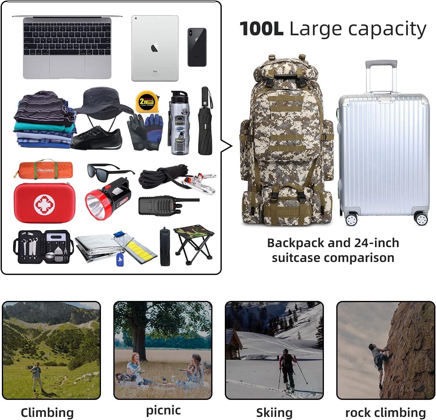 100L Camping Hiking Backpack,Molle military Tactical rucksack backpack,Waterproof Lightweight Hiking Backpack (CityCamo-C)
