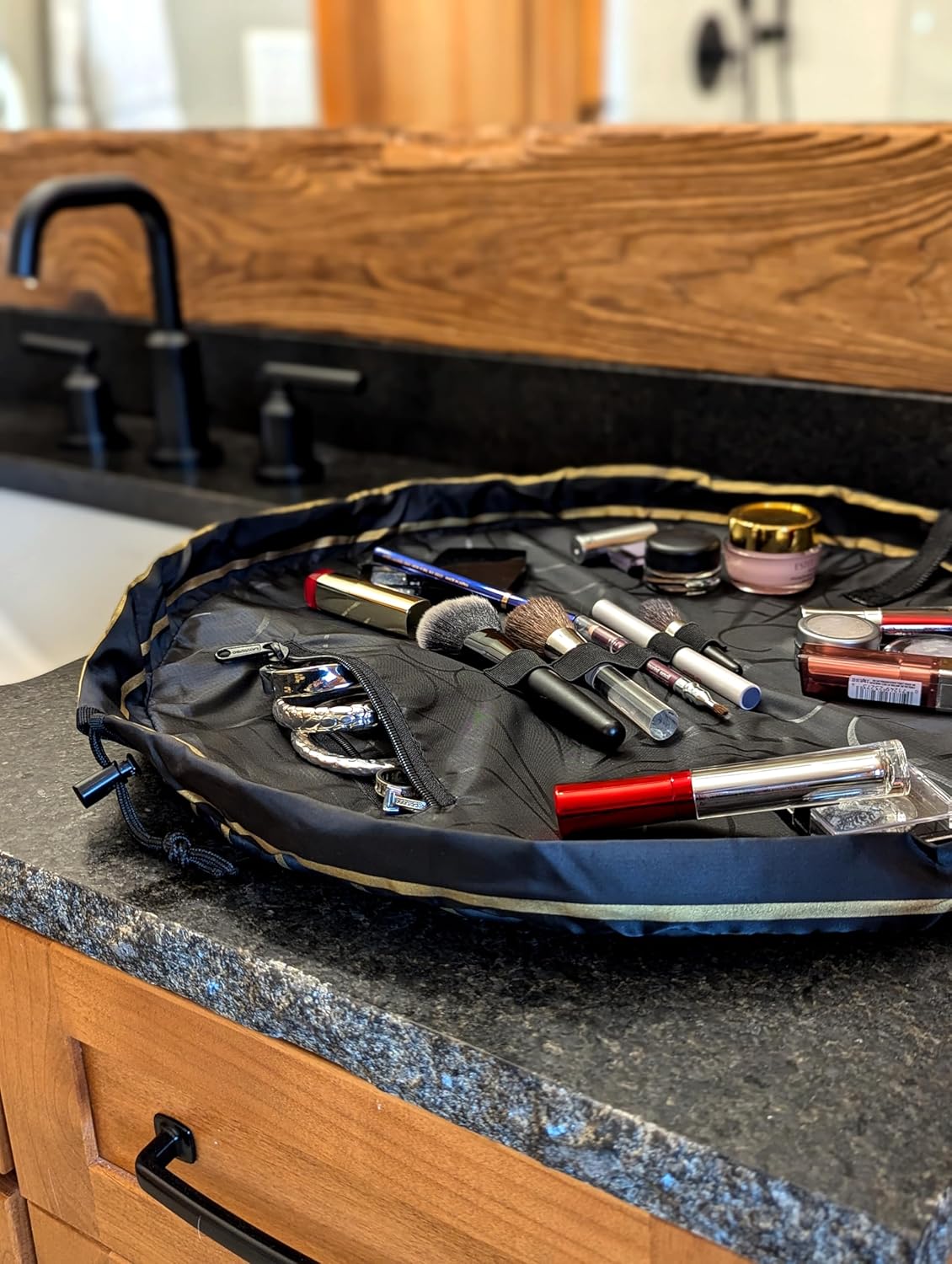 Lay-n-Go Cosmo Drawstring Cosmetic & Makeup Bag Organizer - Portable Drawstring Makeup Bag w/Zipper Pocket, Makeup Loops & More - Durable, Machine Washable Toiletry Bag (20", Black & Gold)