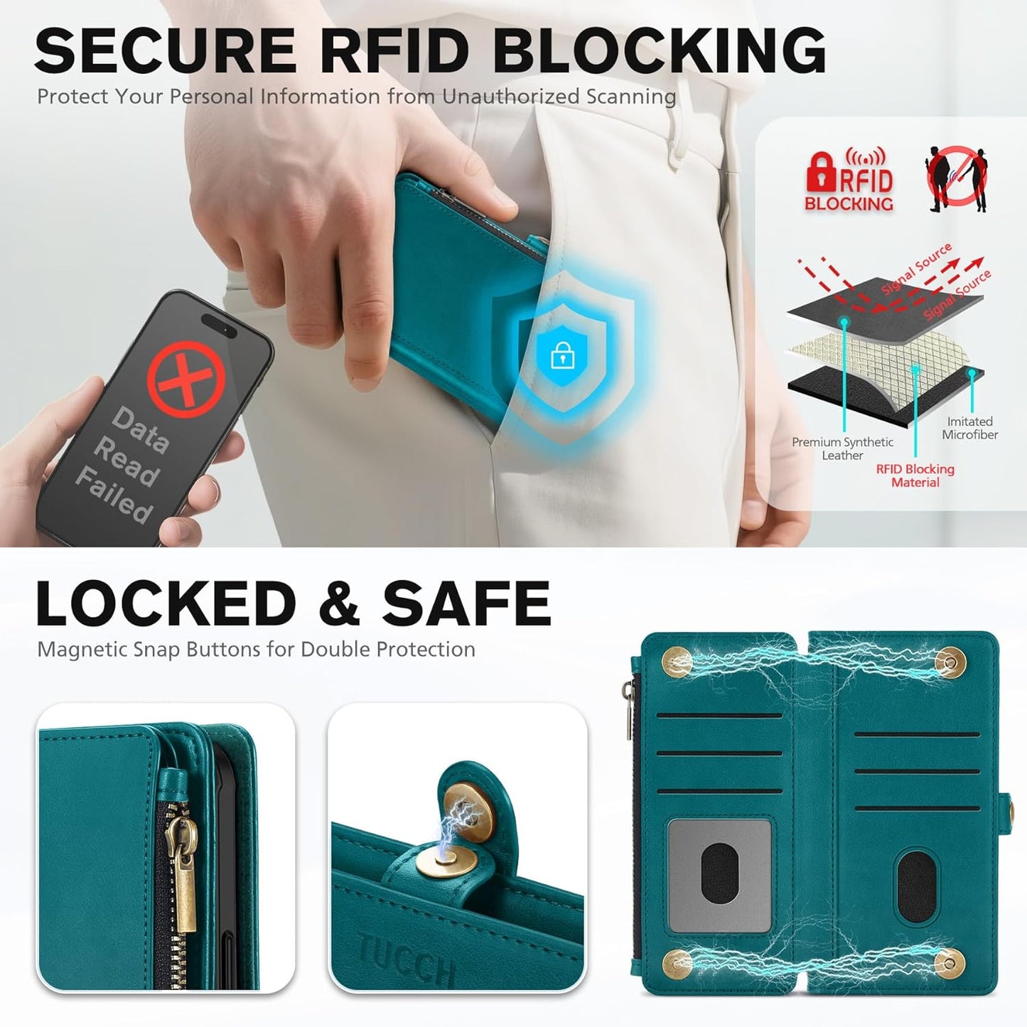 TUCCH Detachable Crossbody Wallet Case for iPhone 17 Pro (6.3"), 9 Card Holders RFID Blocking | Lanyard | Wrist Strap | Wireless Charging | Zipper Pocket | PU Leather | Stand Flip Cover | Bluish Green