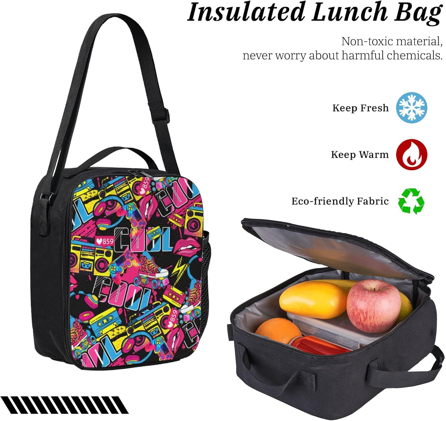 Hip Hop Kid Graffiti Backpack Set with Lunch Bag & Pencil Case Large Capacity School Bag 17 Inch Bookbag for Boy Girl