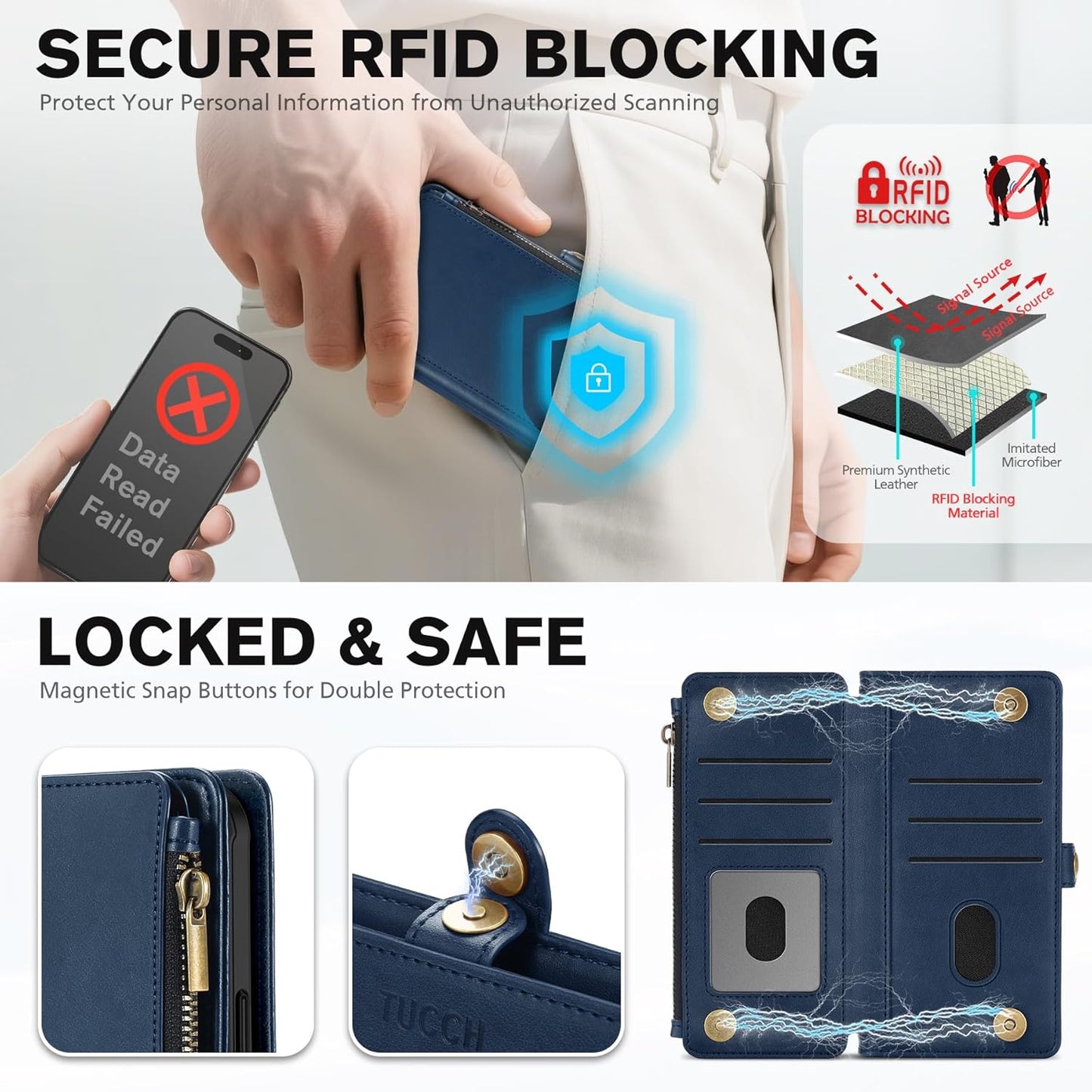 TUCCH Crossbody Detachable Wallet Case for iPhone 17 Pro Max 6.9", 10 Card Holders RFID Blocking, Wireless Charging, Stand, Wrist Strap, Lanyard, Zipper Pocket, PU Leather Shockproof Cover, Dark Blue