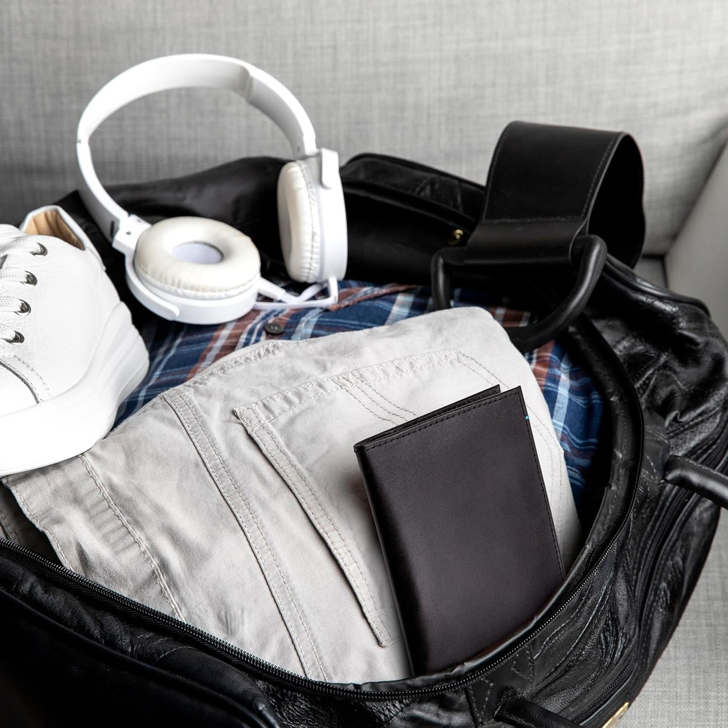 Leather Passport Holder for Men & Women – Genuine Leather RFID Travel Wallet – Slim Handmade Passport Cover with Card Slots & Document Pockets – Bicolor Black & Blue Design