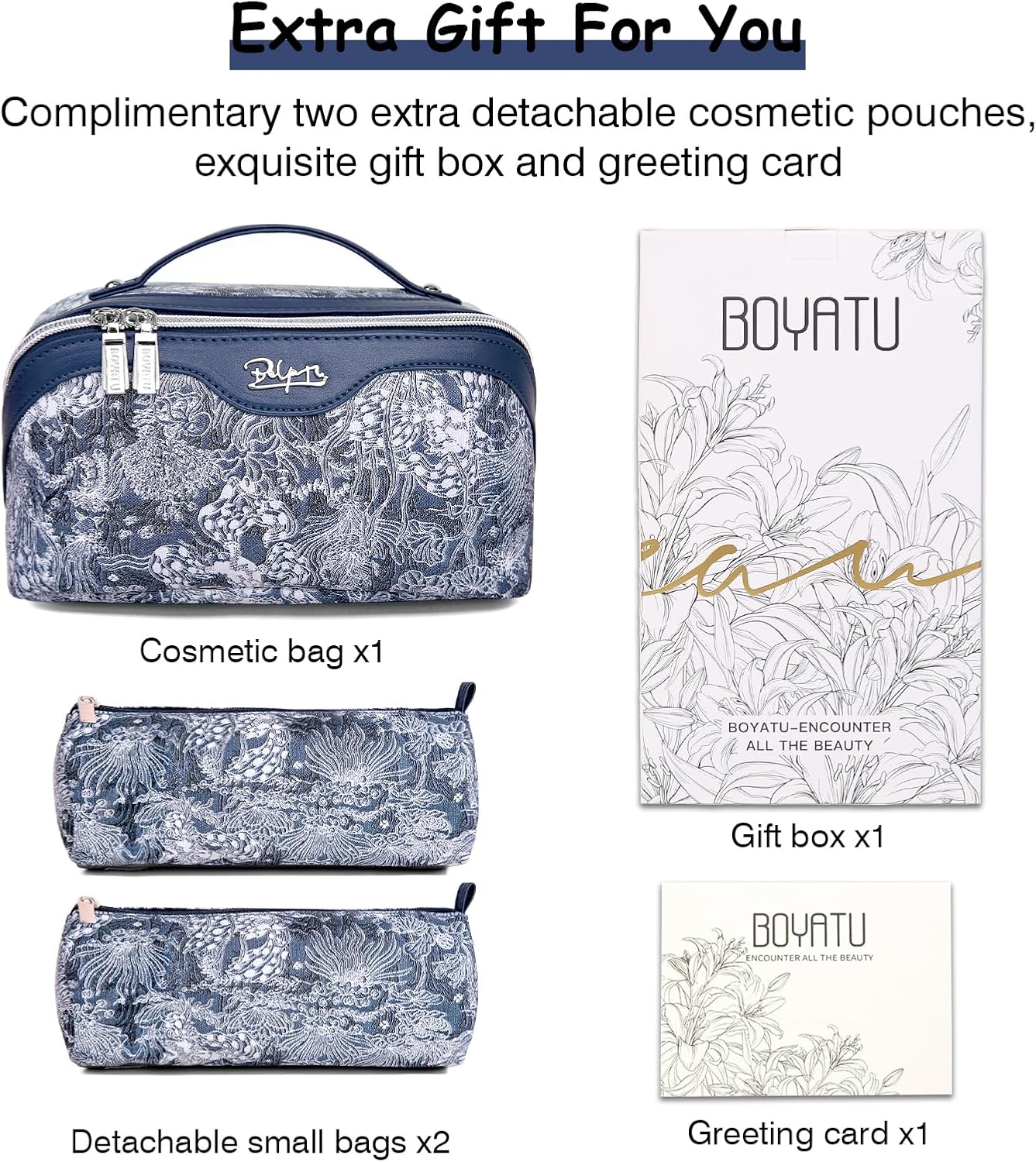 BOYATU Travel Makeup Bag for Women: Large Capacity Make up Bag with Compartments - Vegan Leather Cosmetic Bag set of 3 - Waterproof Toiletry Bag with Handle & Divider(E-3-Blue)