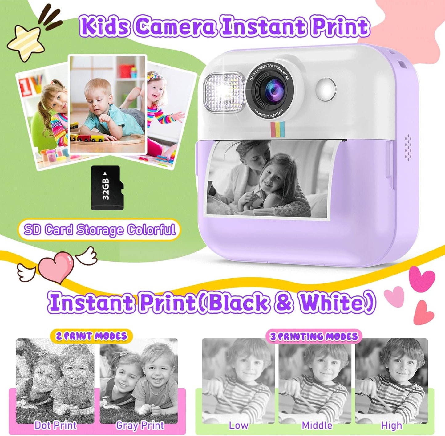 Kids Instant Print Camera, Christmas & Birthday Gift for Girls & Boys, Digital Camera with 32GB Card, 1080P Video, Portable Purple Toy for Ages 3-10