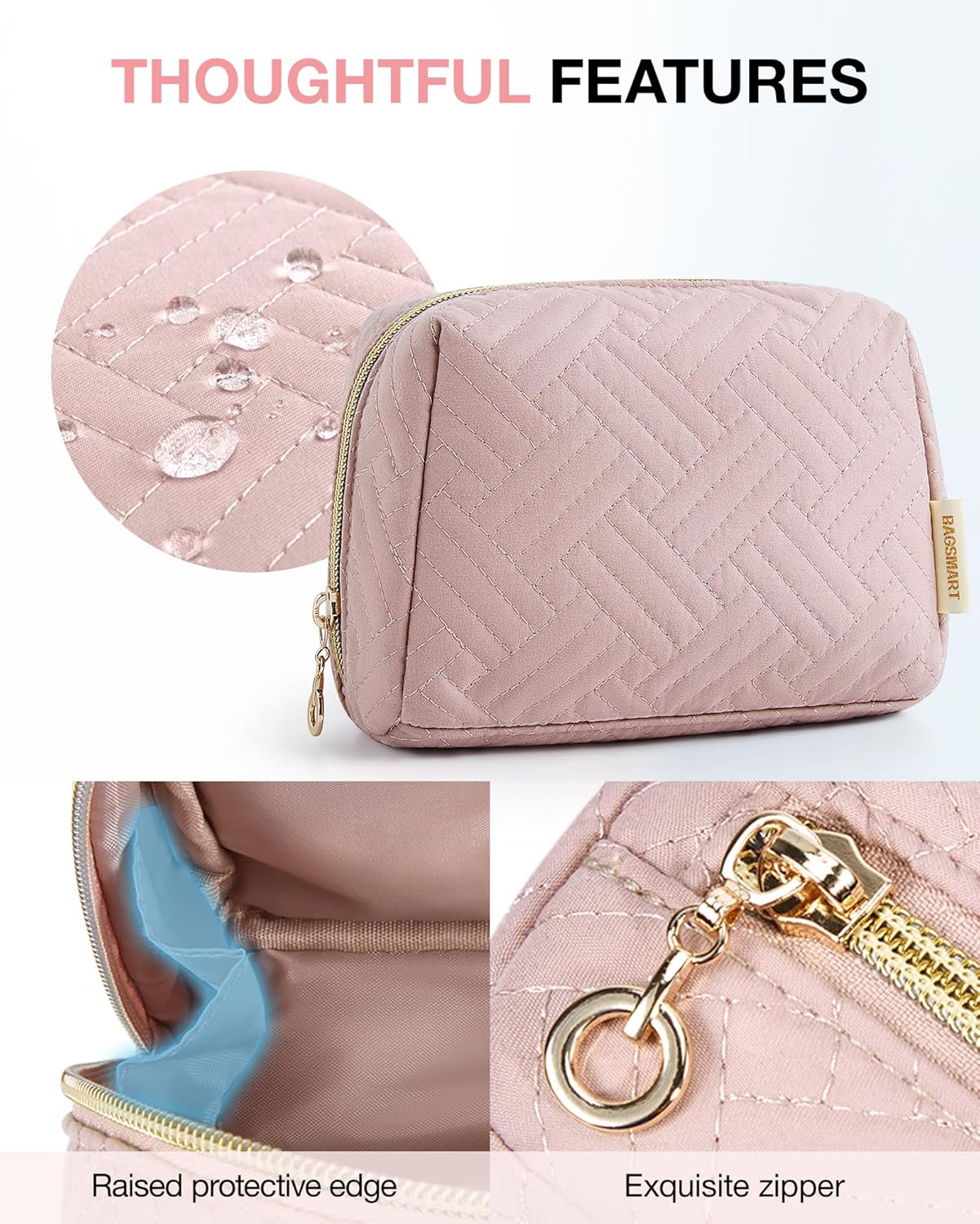 BAGSMART Small Makeup Bag, Travel Cosmetic Bag Make Up Pouch Small Travel Essentials for Women Dorm Room Essentials Pouch,Water-resistant Toiletry Bag,Makeup Organizer Bag, Pink