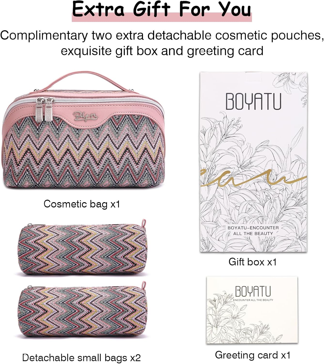 BOYATU Travel Makeup Bag for Women: Western Boho Make up Bag Set of 3 - Large Capacity Vegan Leather Cosmetic Bag - Waterproof Toiletry Bag with Compartments & Handle & Divider(J-1-Pink)