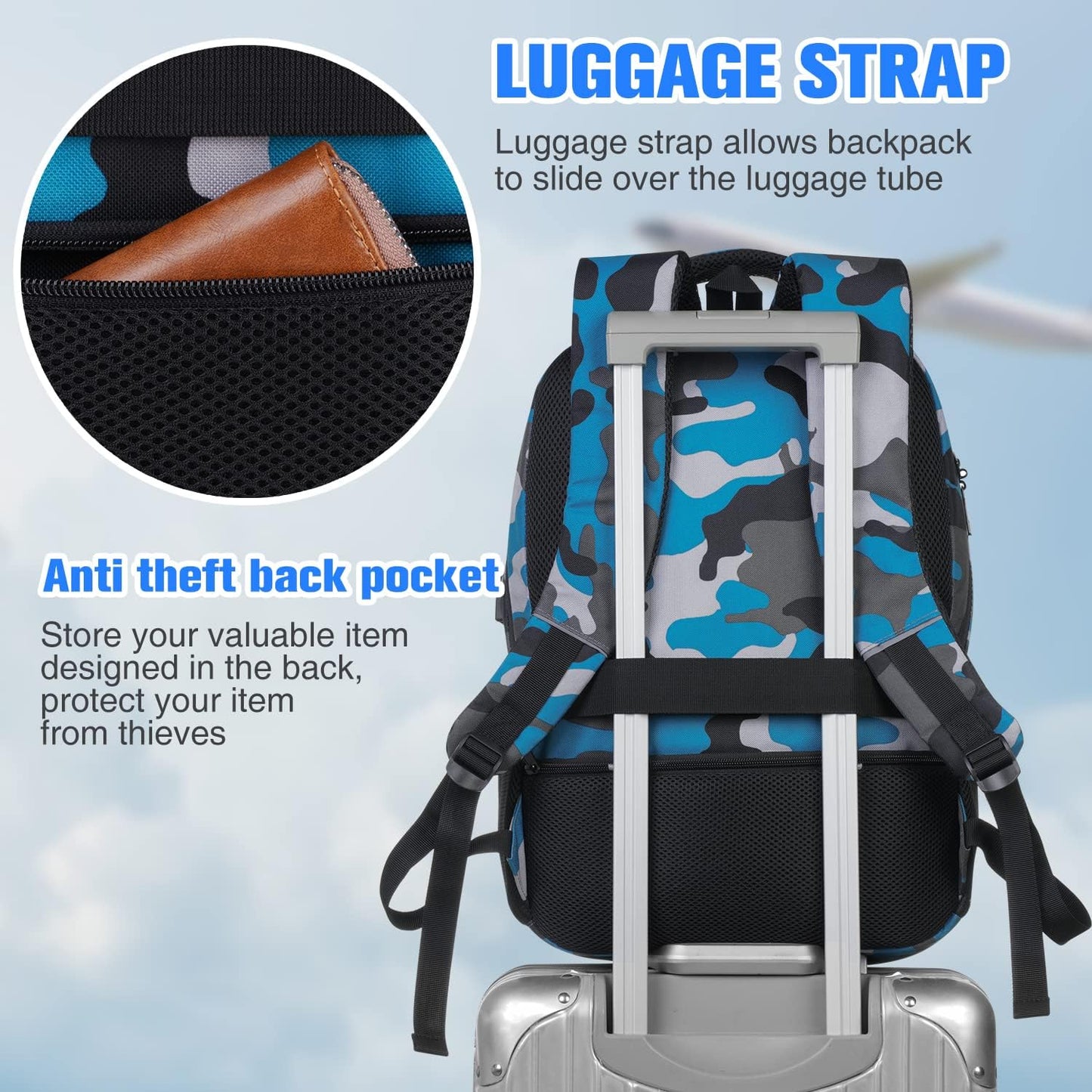 17 inch Backpack for Men,College Backpack School Bookbag for Teens,Travel Laptop Bookbag with USB Port and Headphone Hole,Camouflage Blue