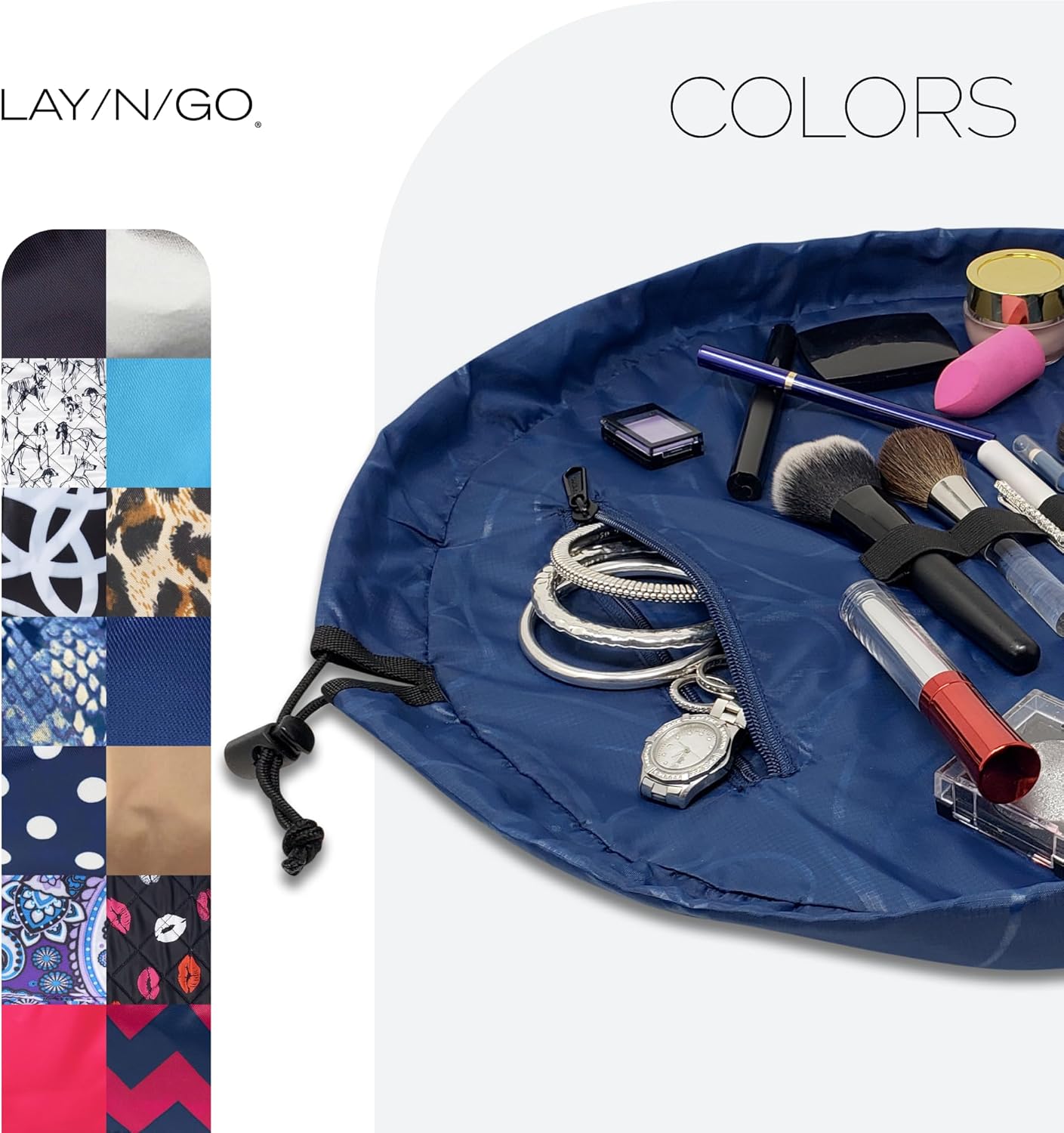 Lay-n-Go Cosmo Layflat Drawstring Cosmetic & Makeup Bag Organizer w/Zipper Pocket, Brush Loops & More, Cinch to Close, Lay Flat to Use, Durable, Machine Wash, Travel Toiletry Bag (20", Navy)
