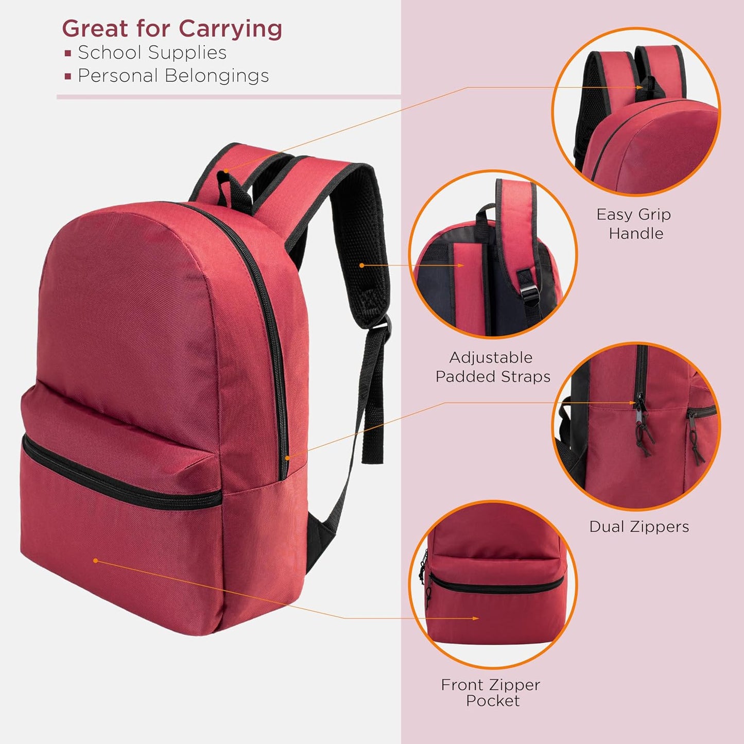 17" School Backpacks for Kids - Backpacks in Bulk for Elementary, Middle, and High School Students in Assorted Colors