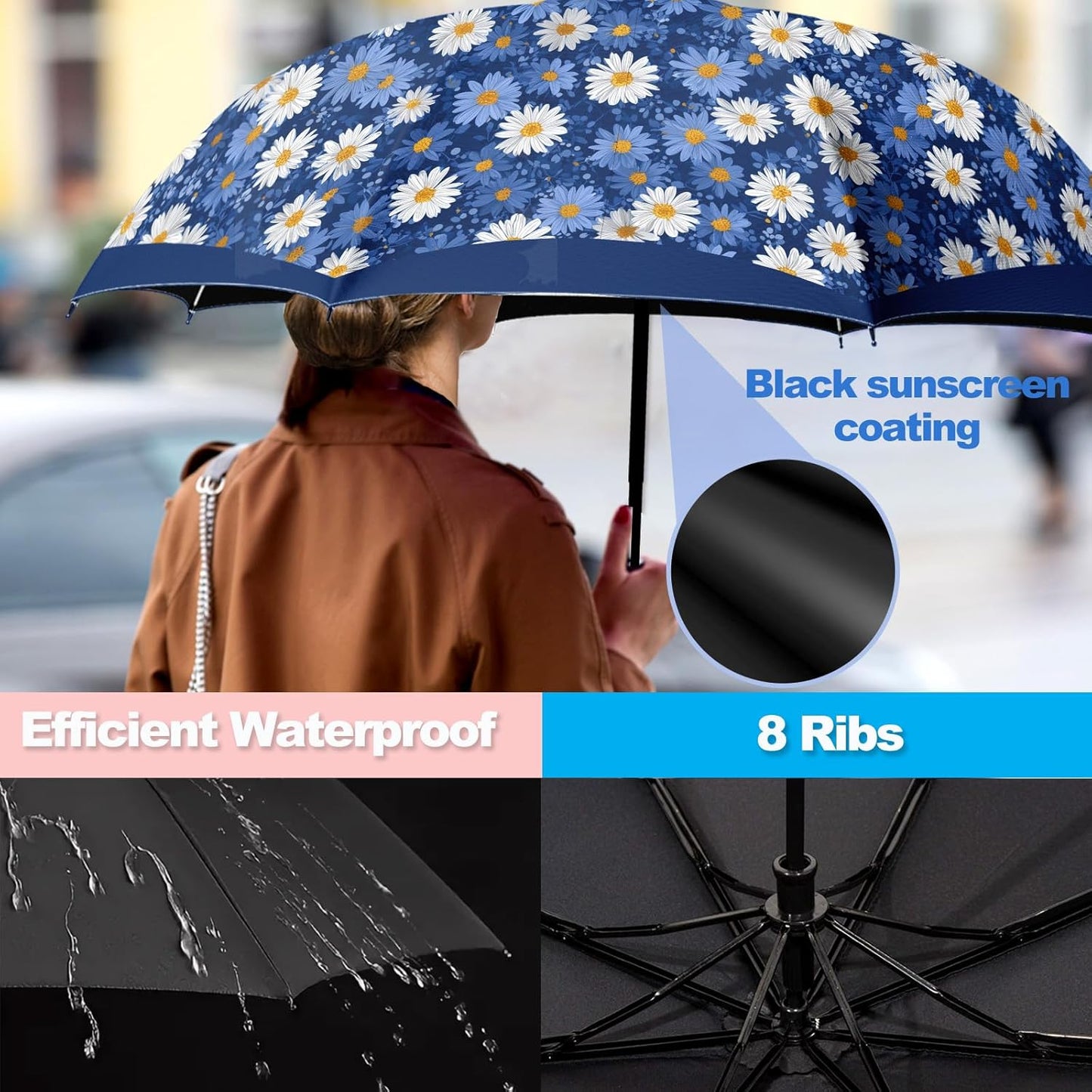 Small Travel Folding Umbrella for Girl, Portable, UV, SunShade, Compact, Automatic, Rain & Wind