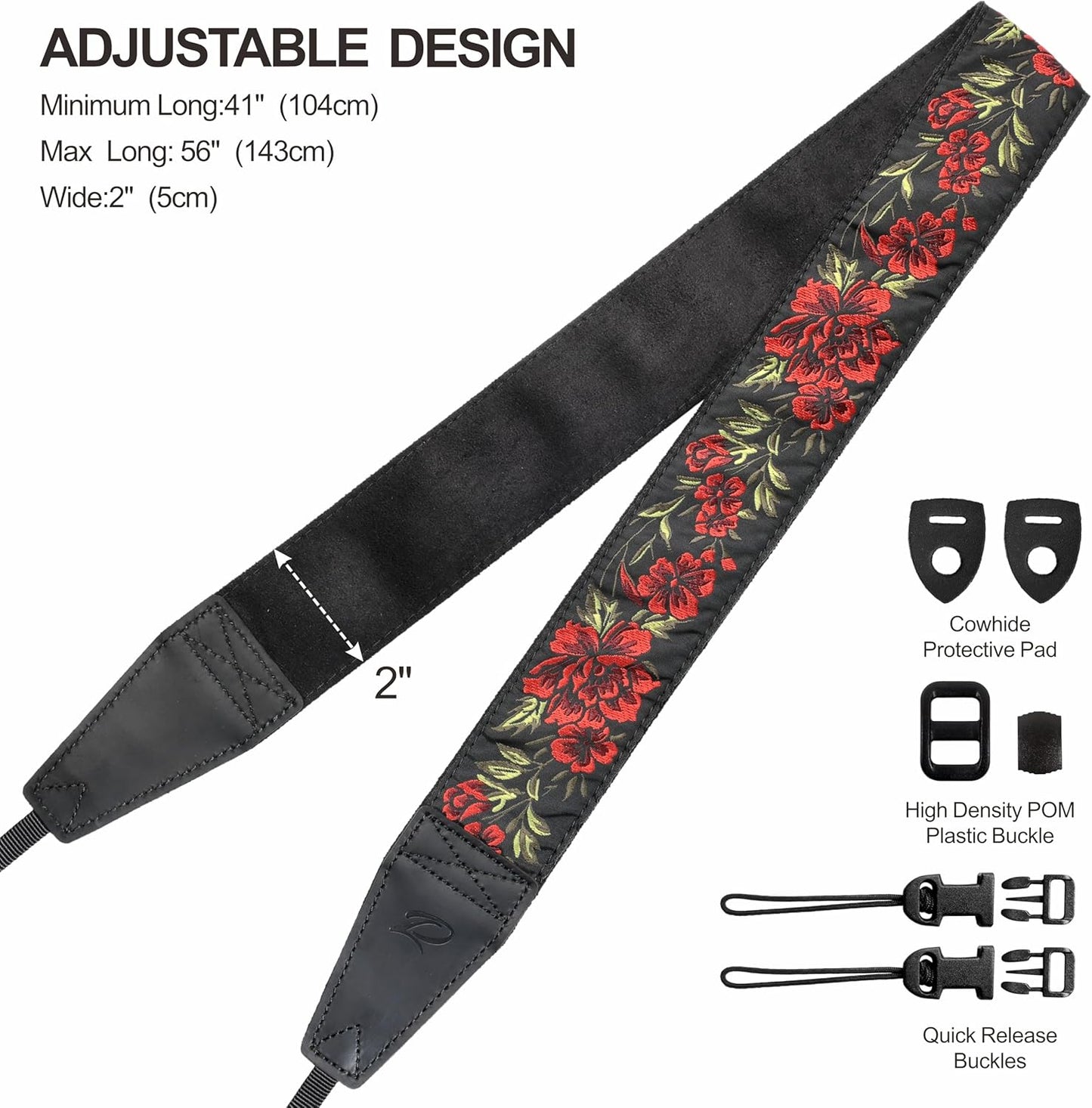 Padwa Lifestyle Camera Strap - 2" Full Grain Leather Ends Camera Straps for Photographers, Vintage Embroidered Cotton Weave Soft Suede Fabric Padded Strap Quick Release fits All Cameras