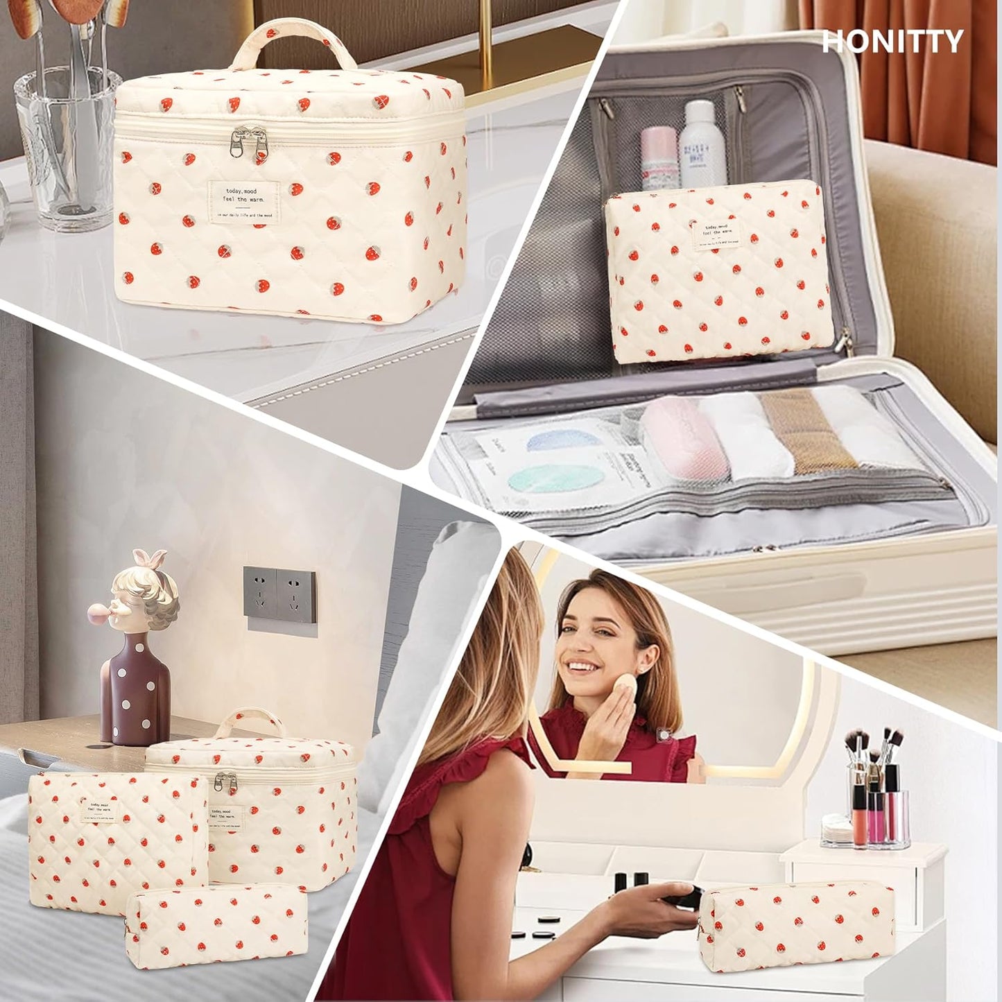 Makeup Bag,Quilted Cosmetic Bags,Large Floral Make Up Organize bag,Makeup Bag Set for Women,Flower Travel Toiletry Bag