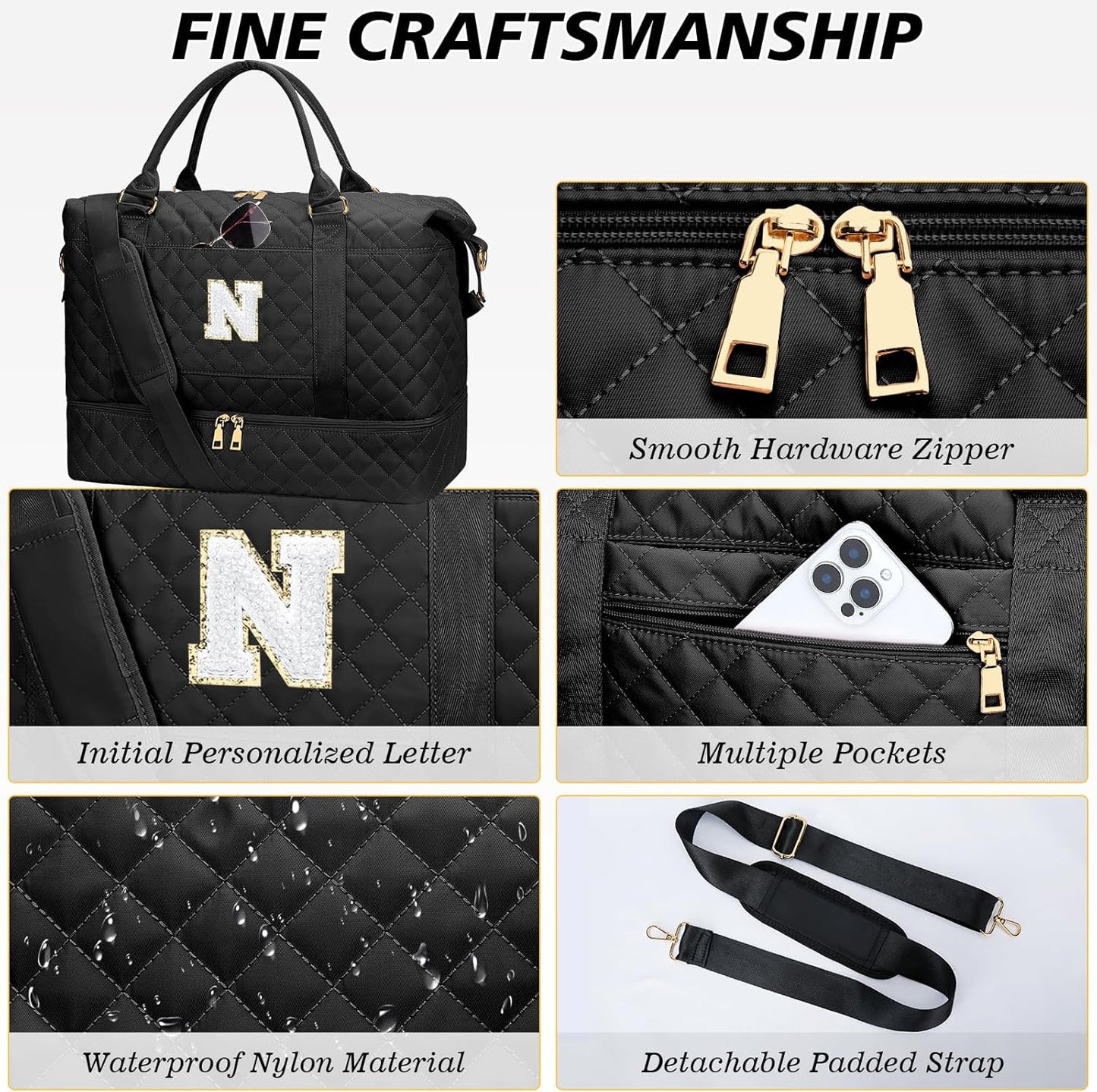 Gifts for Women Girls Christmas Initial Travel Duffle Bag Quilted Weekender Bags Carry-On Overnight with Cosmetic Bag Hospital Bag for Women Labor Delivery, Black N