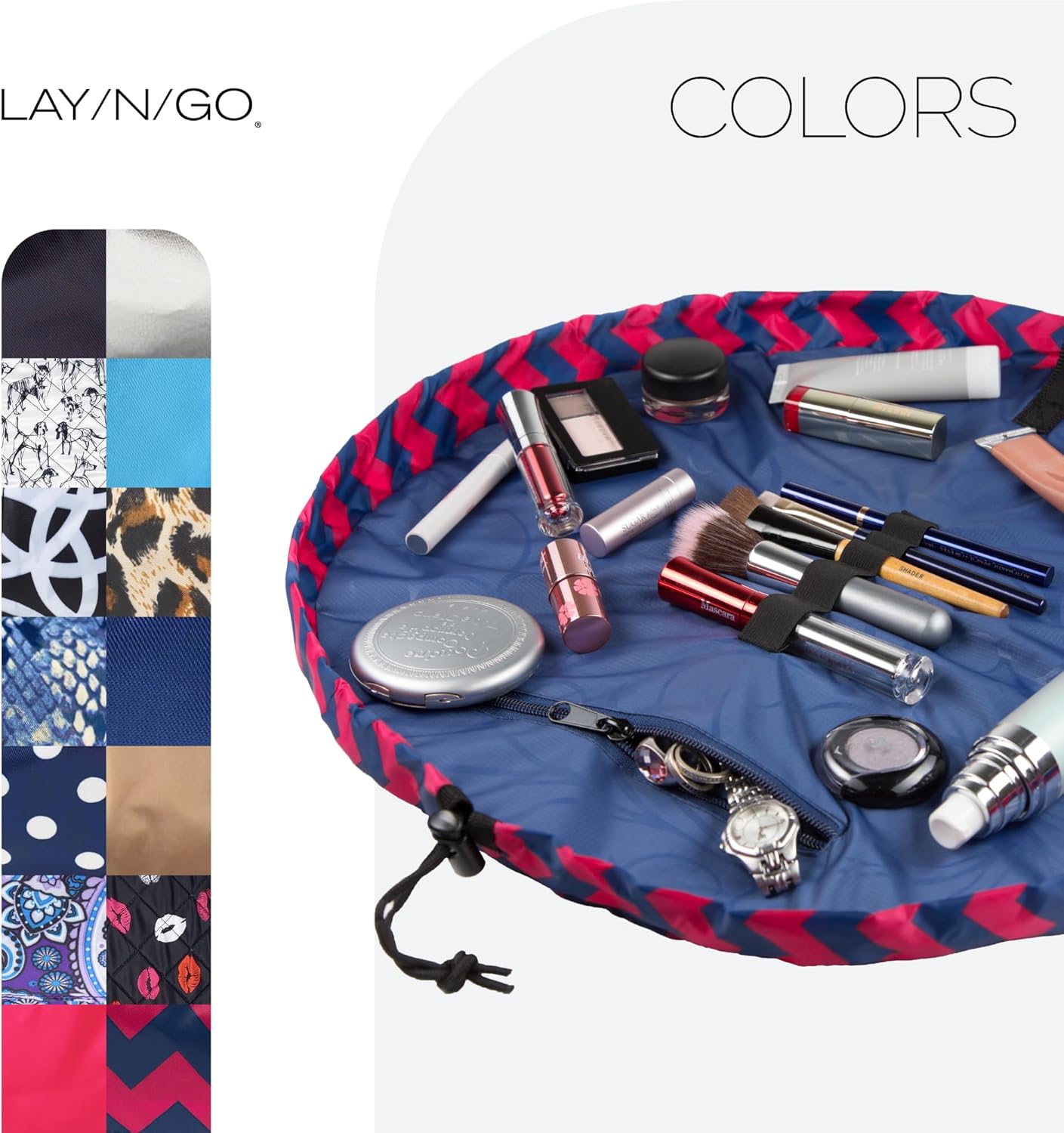 Lay-n-Go Cosmo Drawstring Cosmetic & Makeup Bag Organizer - Portable Drawstring Makeup Bag w/Zipper Pocket, Makeup Loops & More - Durable, Machine Washable Toiletry Bag (20", Pink Chevron)