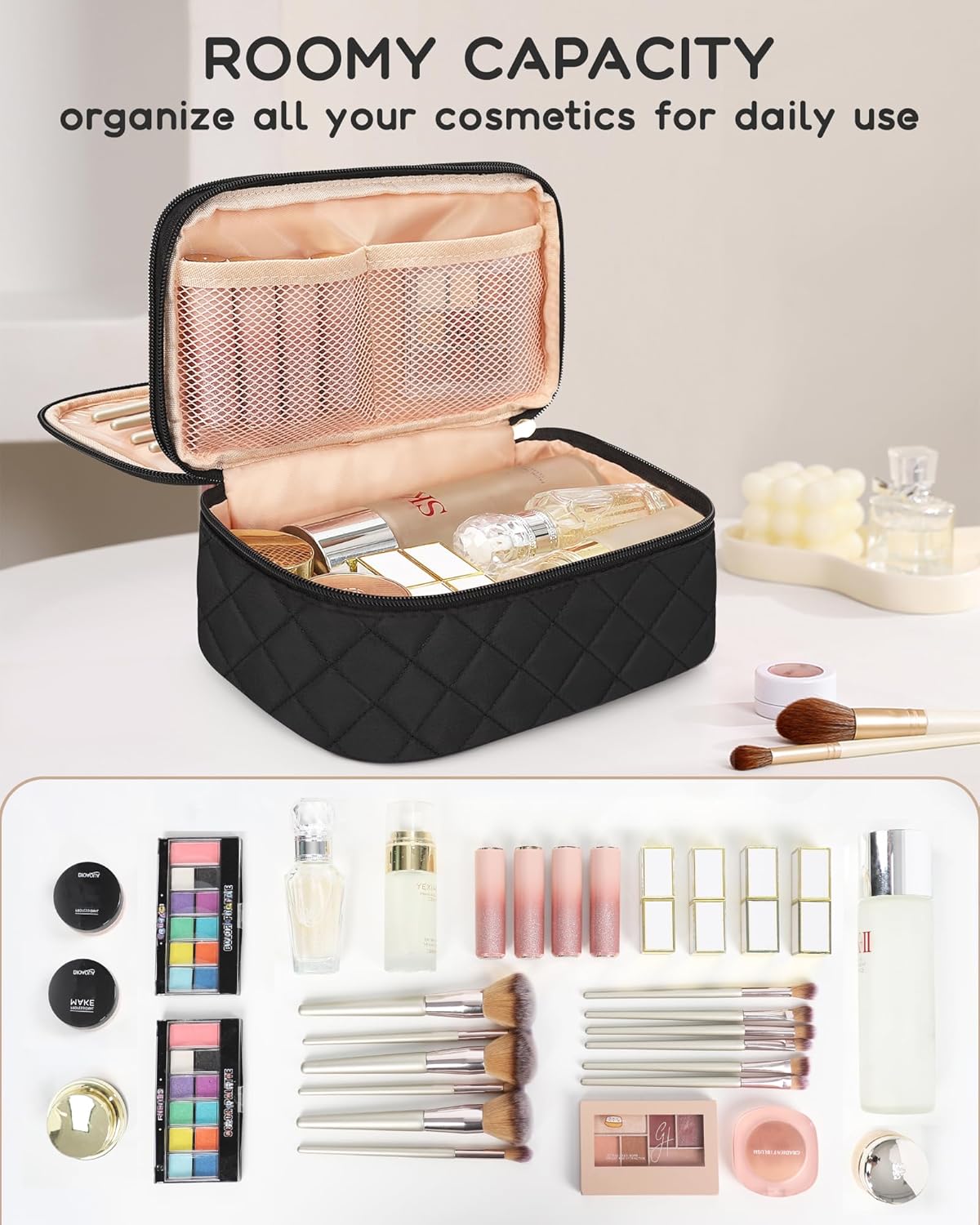 Relavel Makeup Bag, Small Makeup Bag for Women, Travel Cosmetic Bag, 2 Layers Waterproof Makeup Organizer Storage with Makeup Brush Holder, Black