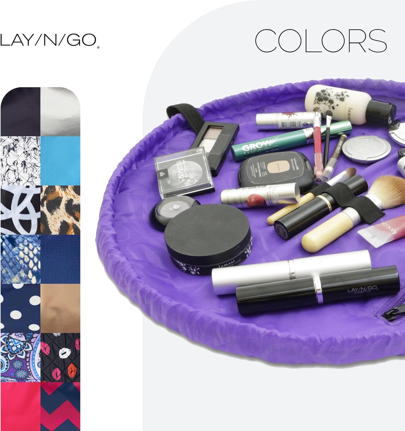 Lay-n-Go Cosmo Layflat Drawstring Cosmetic & Makeup Bag Organizer w/Zipper Pocket, Brush Loops & More, Cinch to Close, Lay Flat to Use, Durable, Machine Wash, Travel Toiletry Bag (20", Purple)