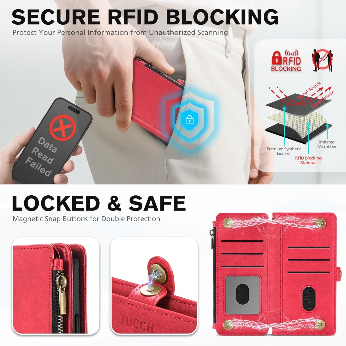 TUCCH Detachable Crossbody Wallet Case for iPhone 17 Pro Max 6.9", 10 Card Slots RFID Blocking | Stand | Lanyard Wrist Strap | Wireless Charging | Zipper Pocket | PU Leather Magnetic Cover | Red