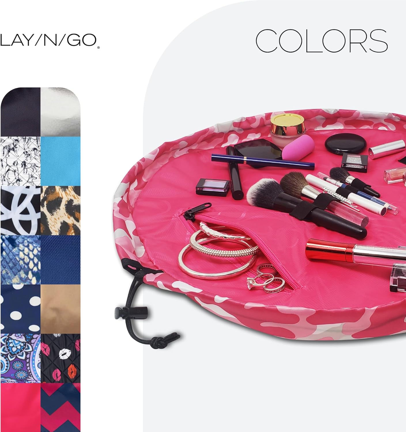 Lay-n-Go Cosmo Drawstring Cosmetic & Makeup Bag Organizer - Portable Drawstring Makeup Bag w/Zipper Pocket, Makeup Loops & More - Durable, Machine Washable Toiletry Sack for Travel (20", Pink Camo)
