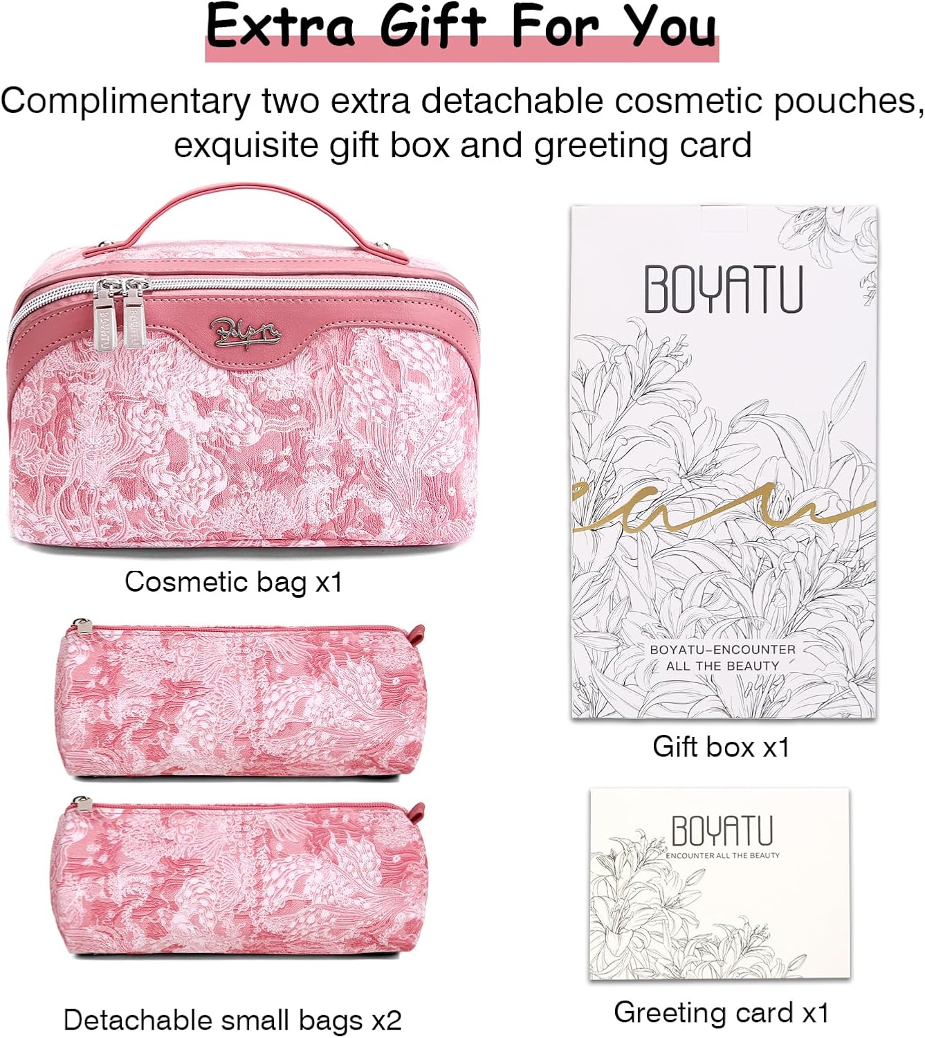 BOYATU Travel Makeup Bag for Women: Large Capacity Make up Bag with Compartments - Vegan Leather Cosmetic Bag set of 3 - Waterproof Toiletry Bag with Handle & Divider(E-4-Pink)
