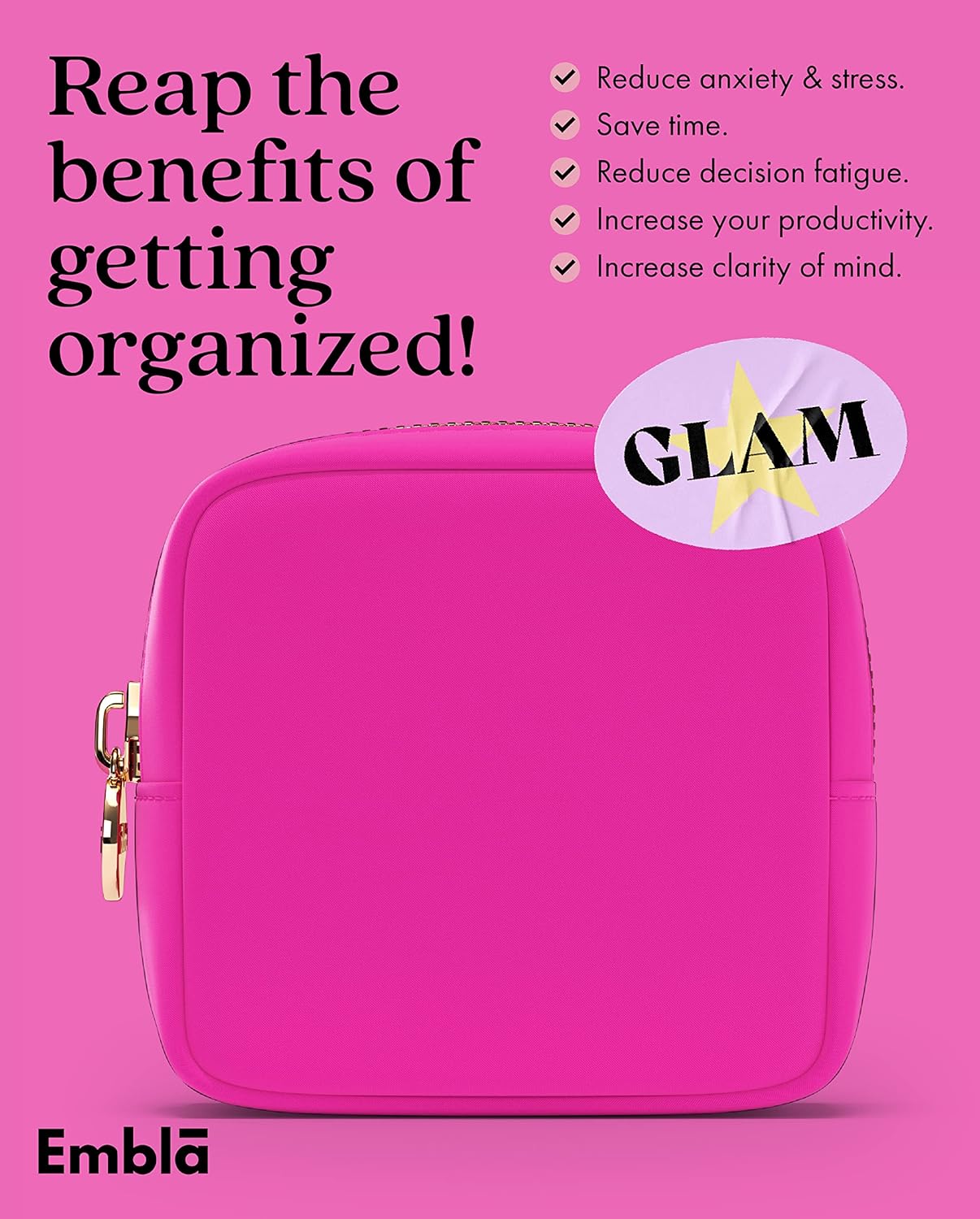 Embla Makeup Bag Travel Cosmetics Pouch and Toiletry Bag, Nylon Zipper Pouch Purse, Cute Make Up Organizer Storage Tote for Women Girls, Waterproof Travel Skincare Case, Small Makeup Bags, Fuchsia