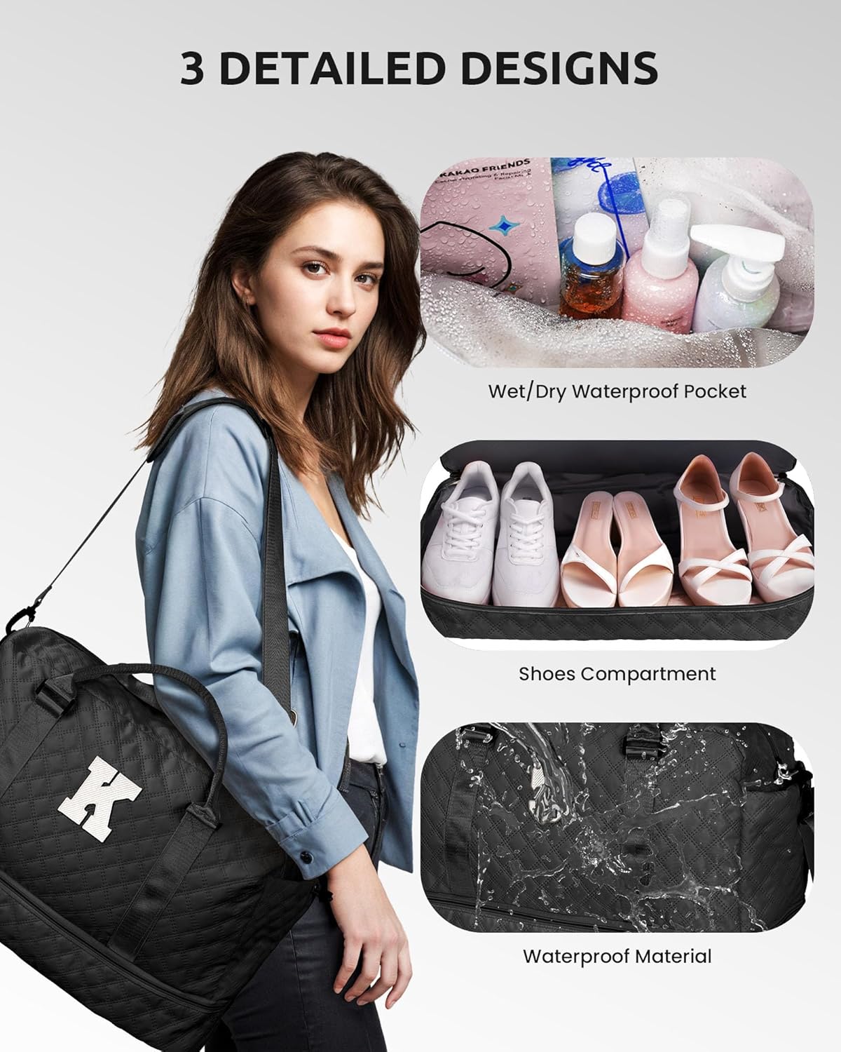 Gifts for Teen Girls-Initial Duffle Bag with Shoe Compartment, Personalized Weekender Bag, Monogram Overnight Bag, Letter Travel Bag with Makeup Bag,Personalized Gifts (Letter F)