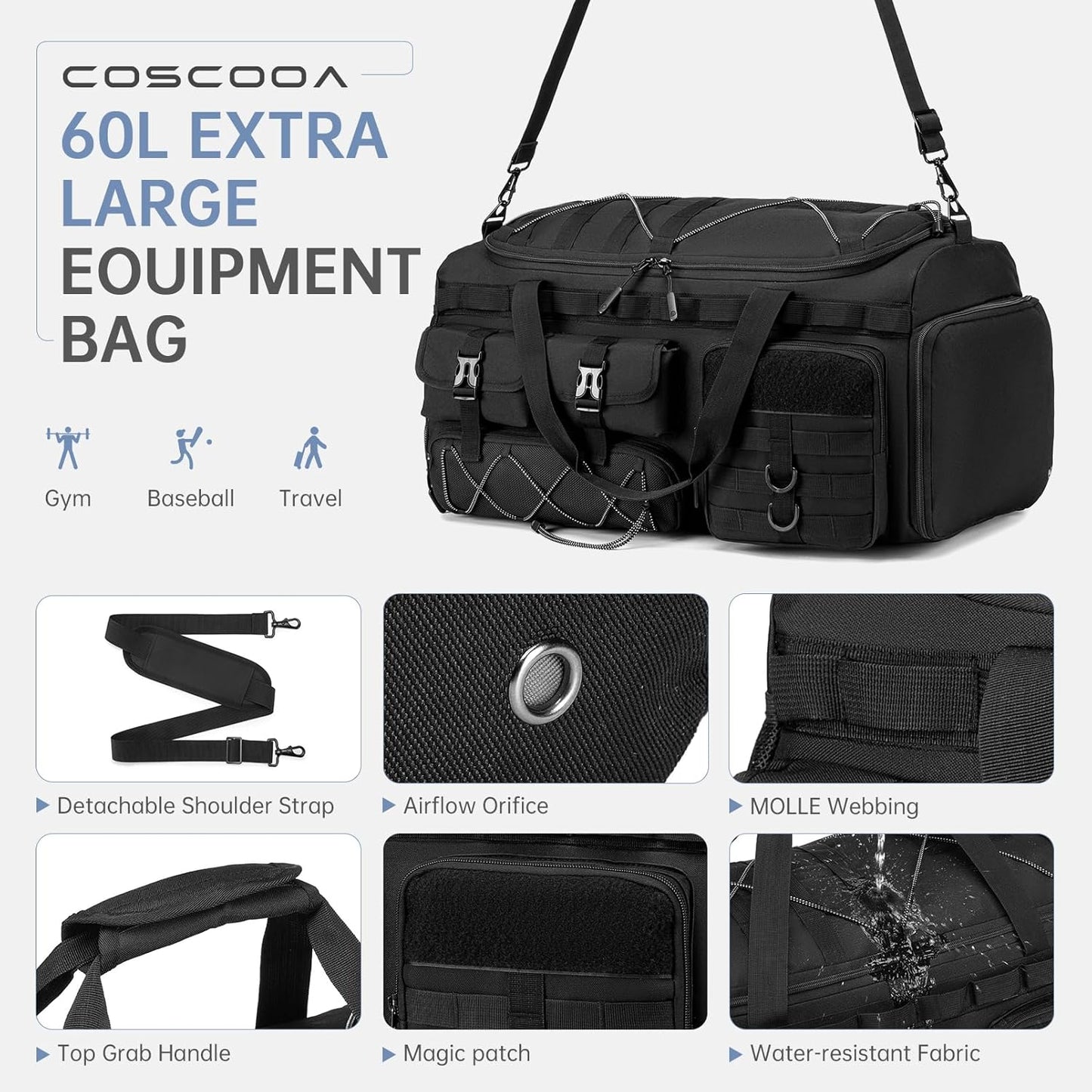 Gym Bags for Men with Shoe Compartment 50L Tactical Duffle Bag 3 in 1 Carry on Duffel Bag Travel Backpack Weekender Overnight Range Bag for Workout Football, Black