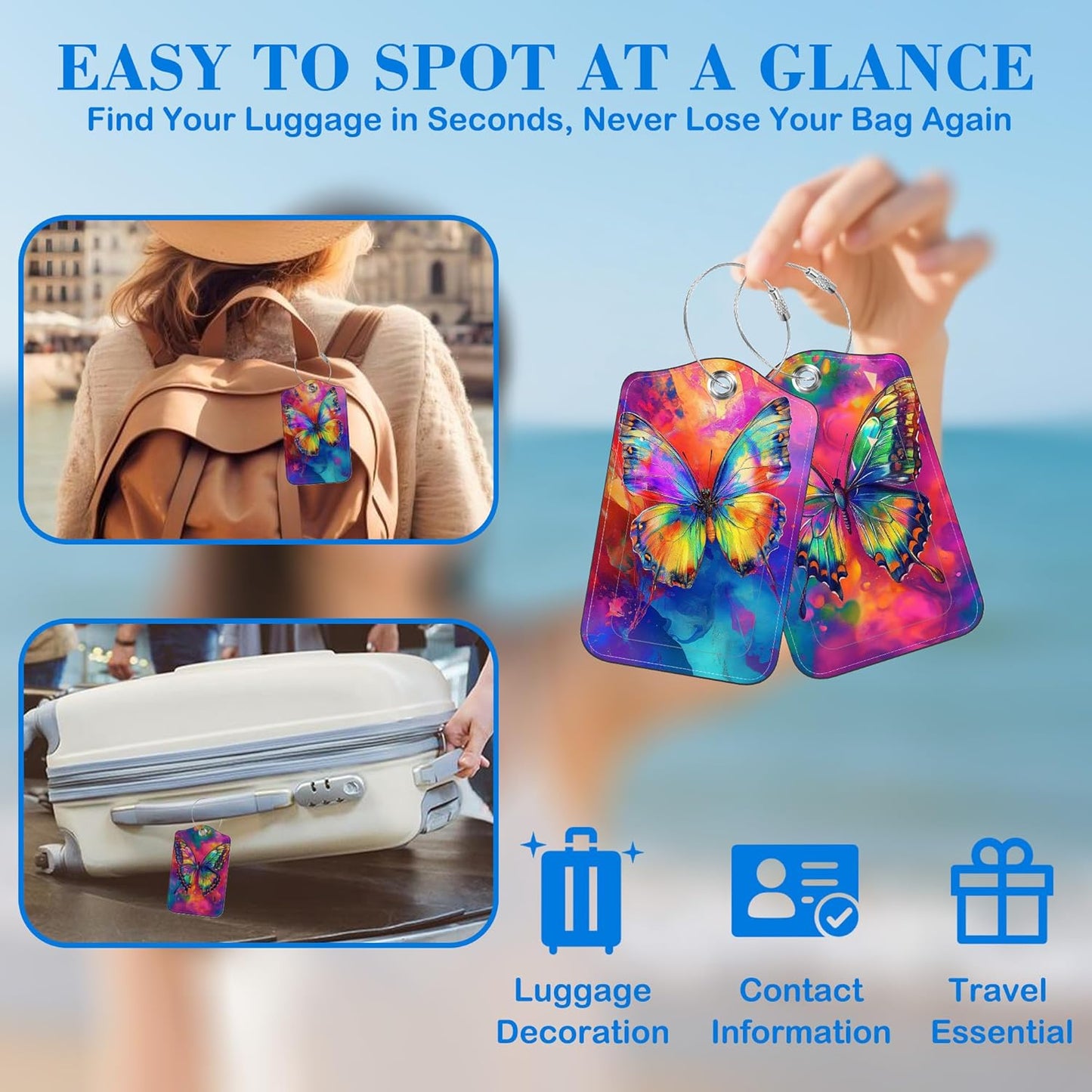 2 Pack Colorful Butterfly Luggage Tags PU Leather Suitcase Tags with Stainless Steel Loop Privacy Cover ID Label for Women Men Travel Bag Accessories