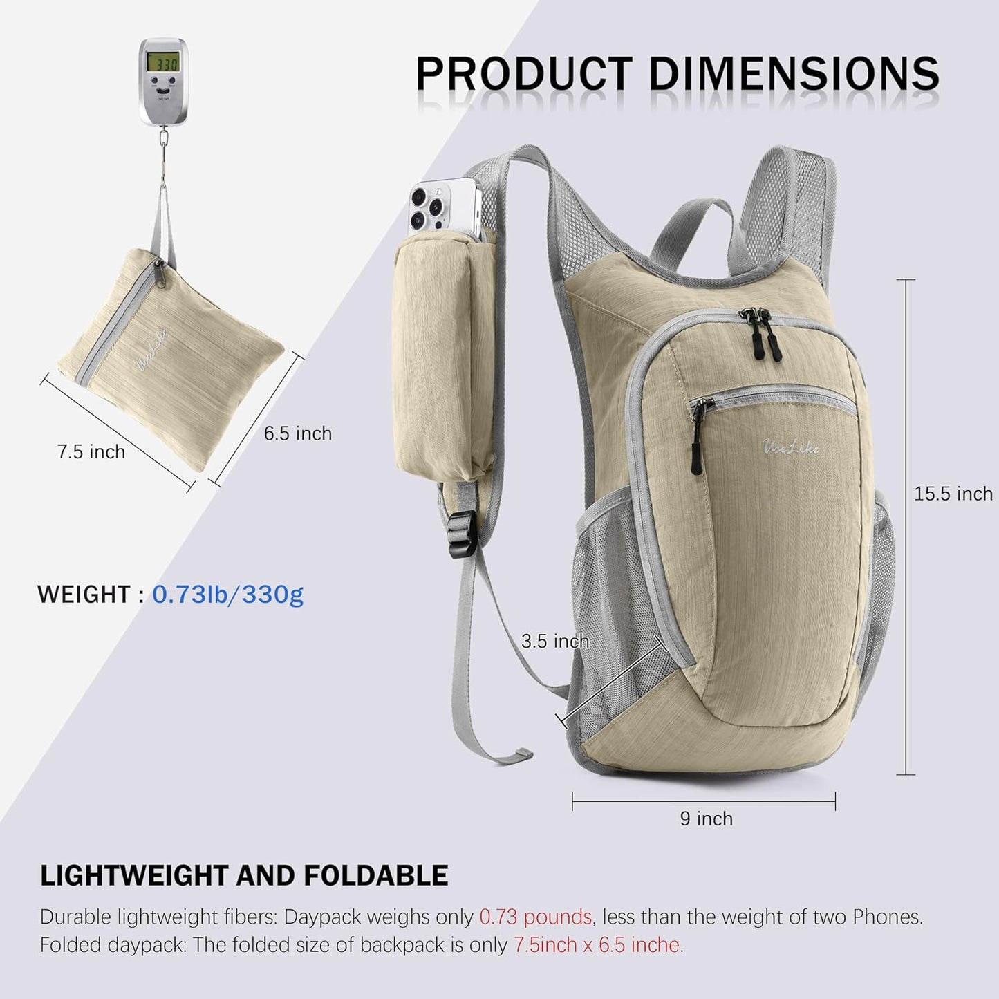 10L Small Hiking Backpack Travel Daypack Lightweight Packable Back Pack for Women Men(Beige)