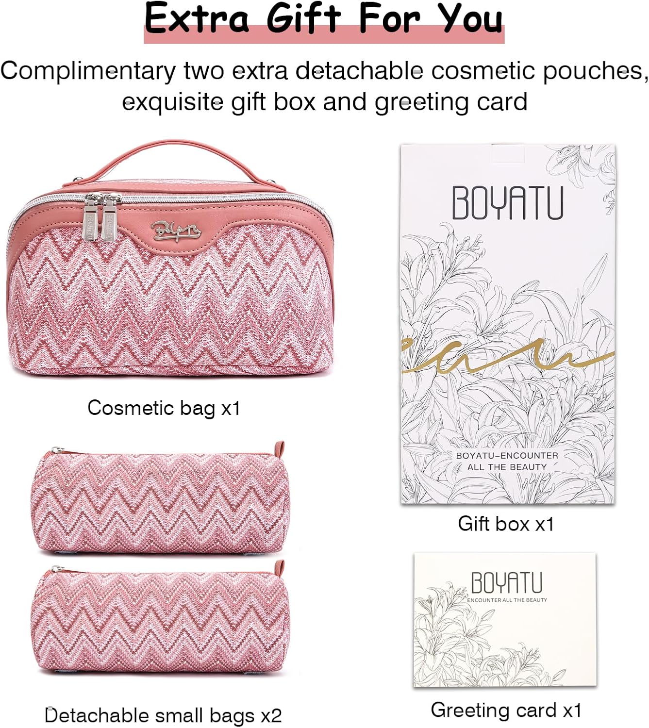 BOYATU Travel Makeup Bag for Women: Western Boho Make up Bag Set of 3 - Large Capacity Vegan Leather Cosmetic Bag - Waterproof Toiletry Bag with Compartments & Handle & Divider(J-5-Red)