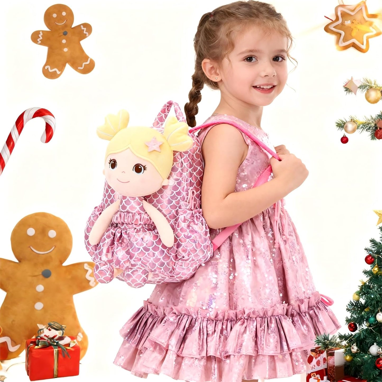 Lazada Toddler Backpack - Baby Girl Gifts Plush Doll Dress Backpack - Fashion Girls Tina Fish Scale Series - Pink11 Inches