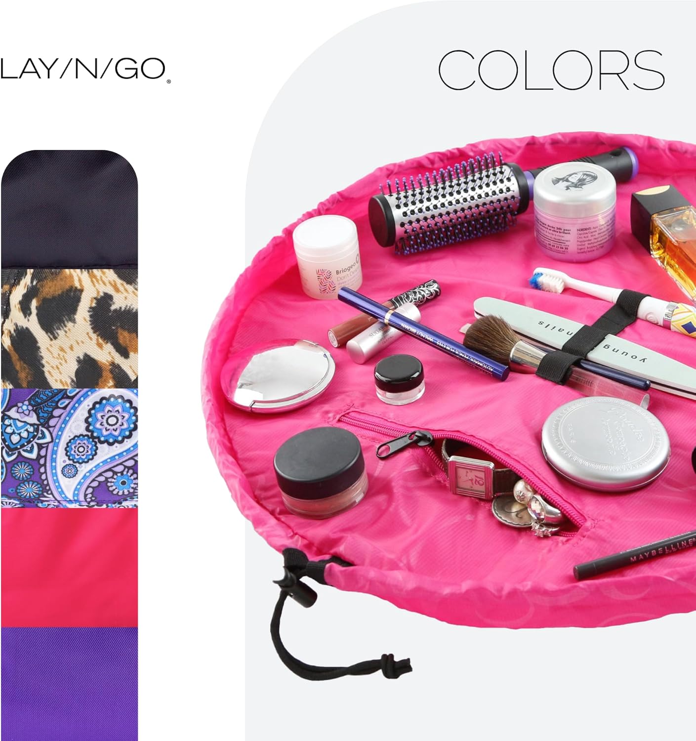 Lay-n-Go Cosmo Layflat Drawstring Cosmetic & Makeup Bag Organizer w/Zipper Pocket, Brush Loops & More, Cinch to Close, Lay Flat to Use, Durable, Machine Wash, Travel Toiletry Bag (22", Pink)