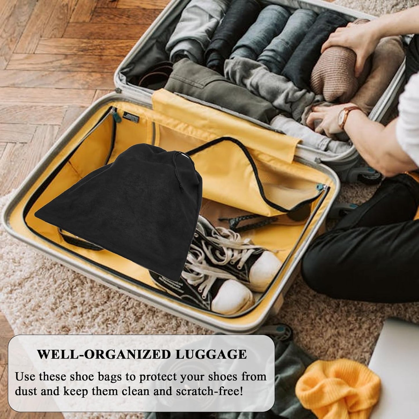 LAKE OF FIRE 4-Piece Travel Shoe Bags for Packing, 17.7" x 13.8" Dustproof Shoe Bags - Flannel Shoe Pouch with Drawstring Closure,Washable & Reusable(Black)