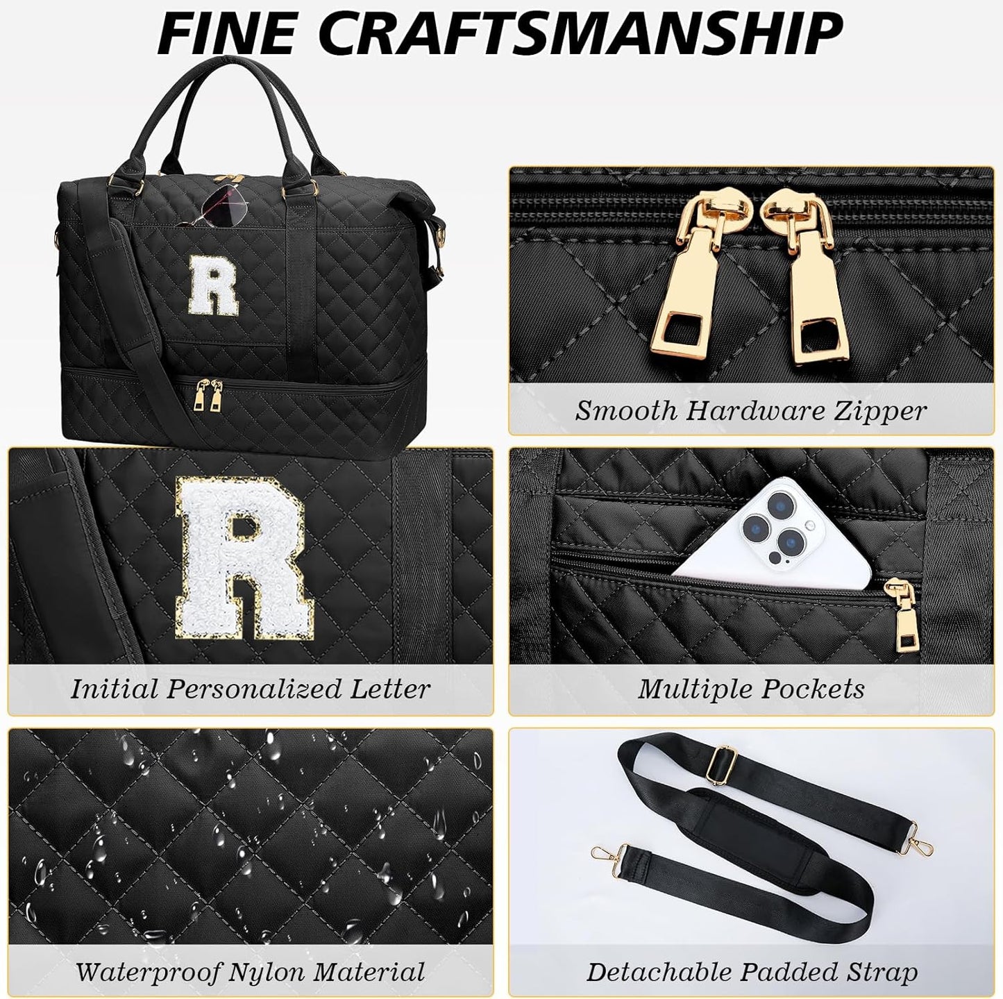 Gifts for Friend Women Girls Birthday Christmas Initial Travel Duffle Bag Quilted Weekender Bags Carry-On Overnight with Cosmetic Bag, Gym Bag with Shoe Compartment, Black R