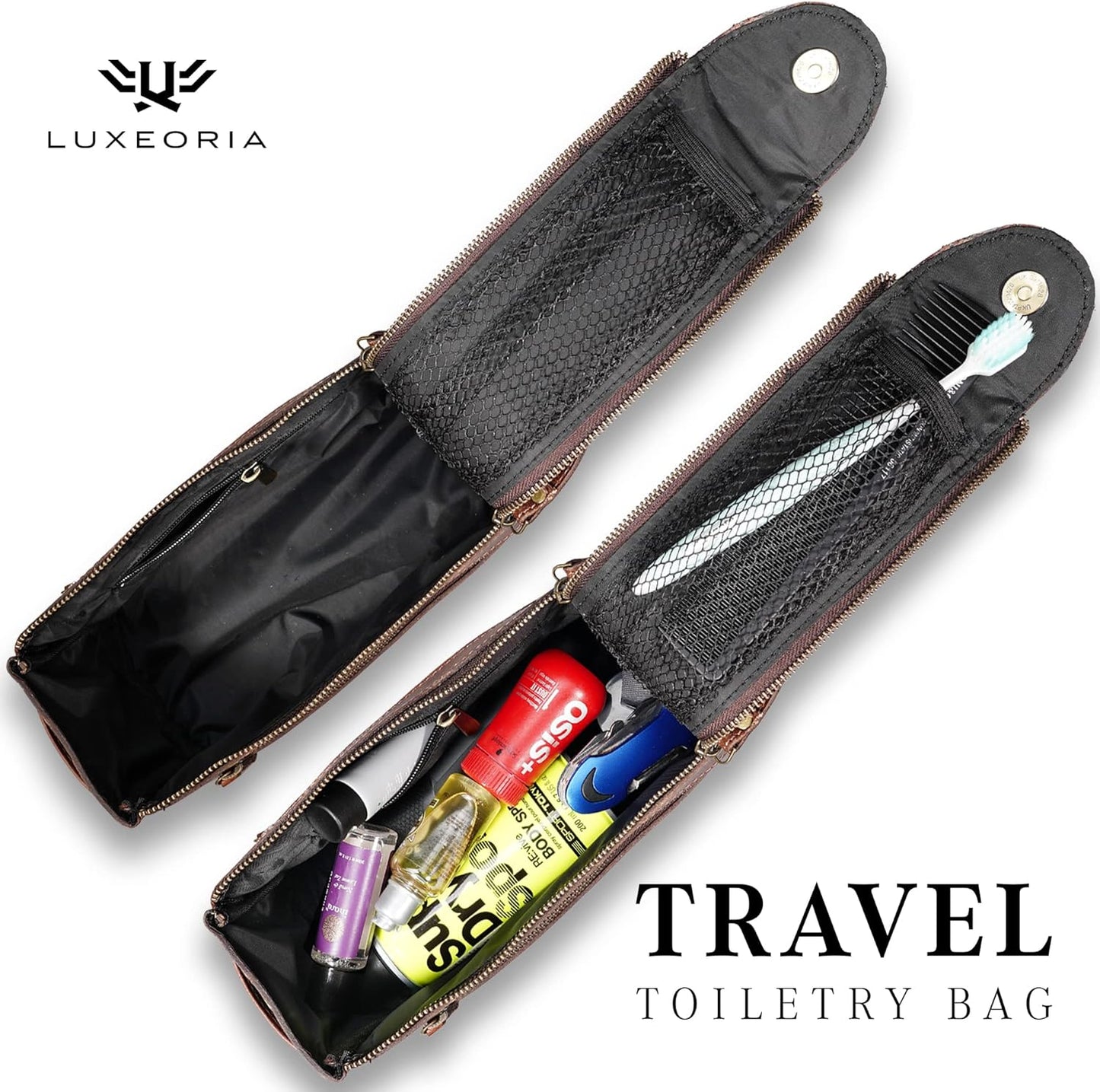 LUXEORIA Genuine Leather Toiletry Bags for Men and Women, Handmade Premium Leather Dopp Kit and Shaving Bag, Cosmetic Bag for Womens and Mens, Travel Essentials & Organizers