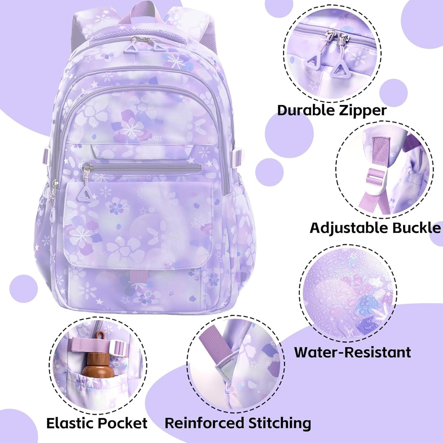 Kids Backpack for Girls Flower schoolbag with Lunch Bag & Pen Case Waterproof Girl Bookbag for Elementary school(purple)