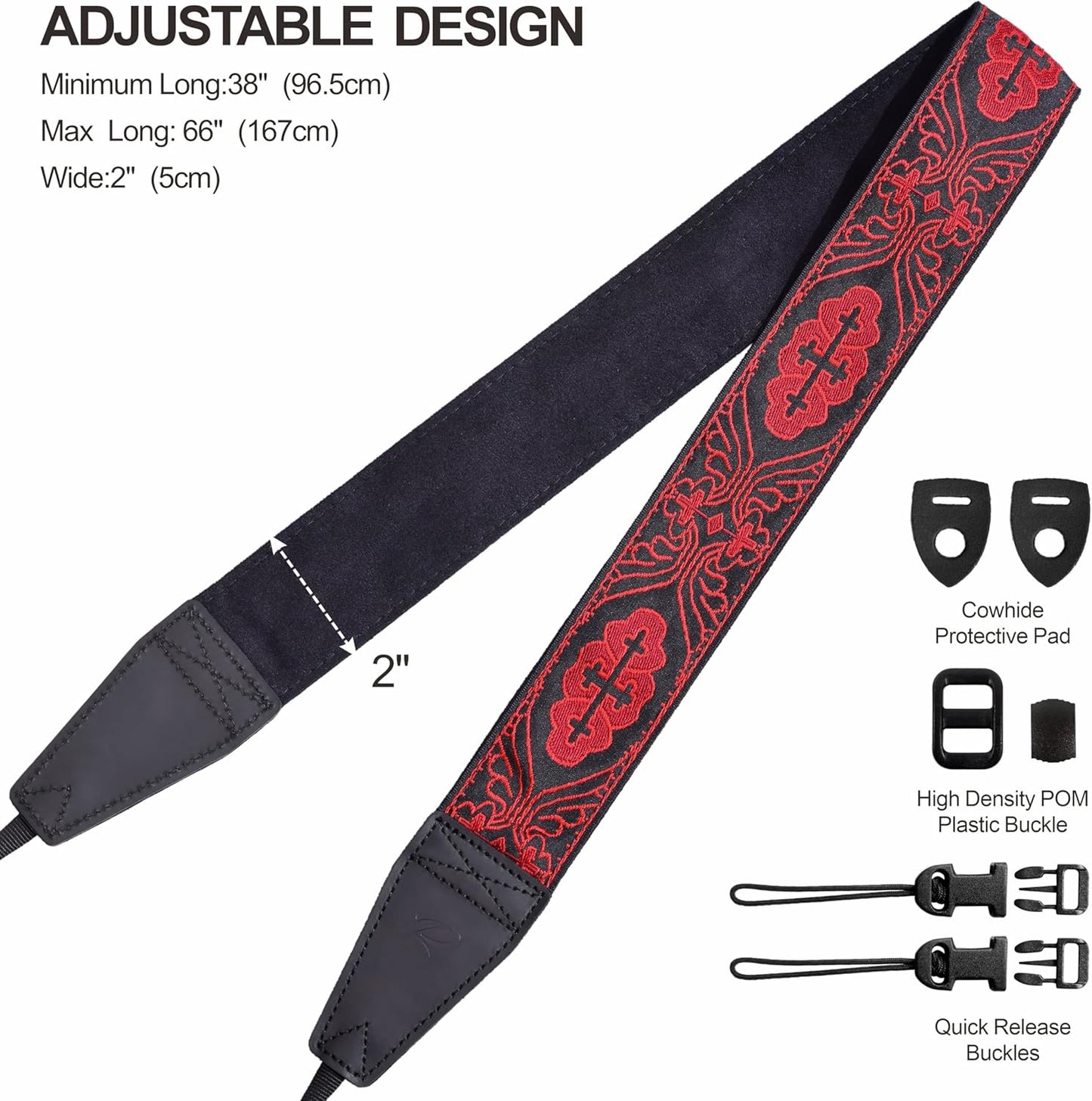 Padwa Lifestyle Camera Strap - 2" Full Grain Leather Ends Camera Straps for Photographers, Vintage Red Embroidered Cotton Weave Soft Suede Fabric Padded Strap Quick Release fits All Cameras