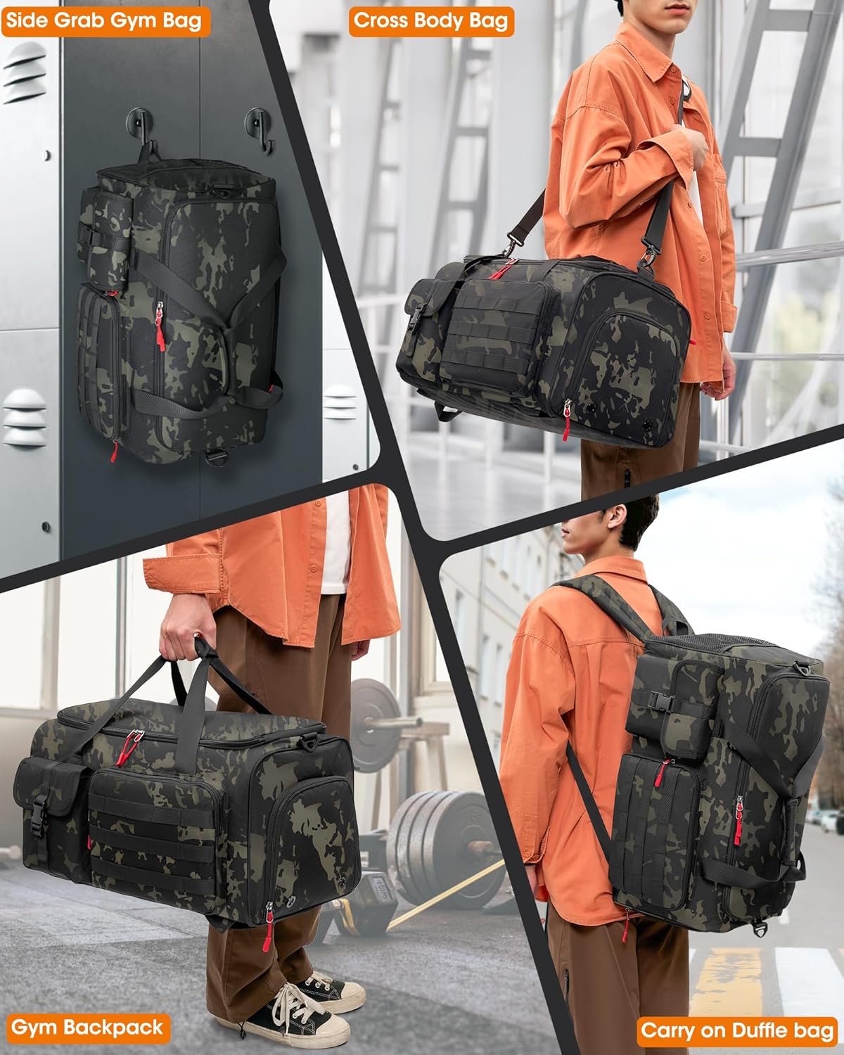 RAINSMORE Gym Bag for Men, 45L Sports Travel Duffel Bag with Shoe & Laptop Compartment, Gym Workout Backpack Carry On Weekender Bag Overnight Backpack for Travel, Green Camo