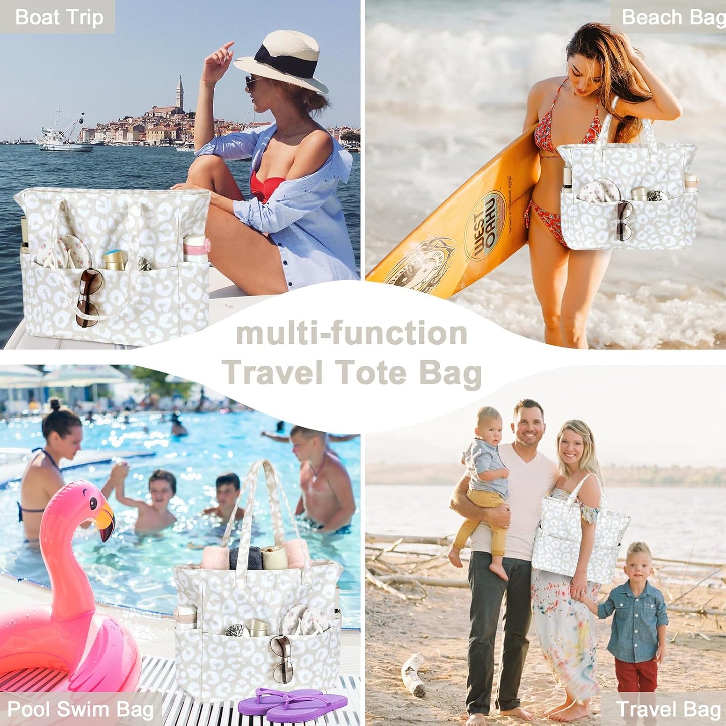 LEDAOU Large Beach Tote Bag Women Waterproof Sandproof Zipper Beach Tote Bag for Pool Gym Grocery Travel with Wet Pocket