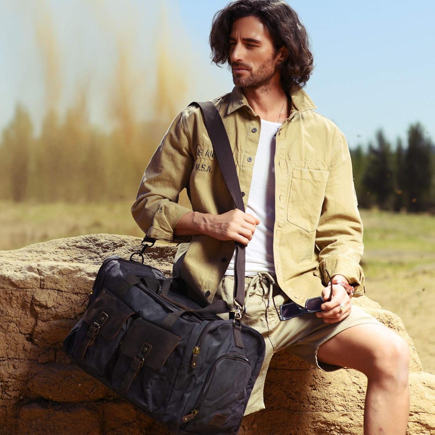 Waxed Canvas Vintage Overnight Duffel Weekend Travel Bag Waterproof For Men Women with Shoes Compartment (Grey)