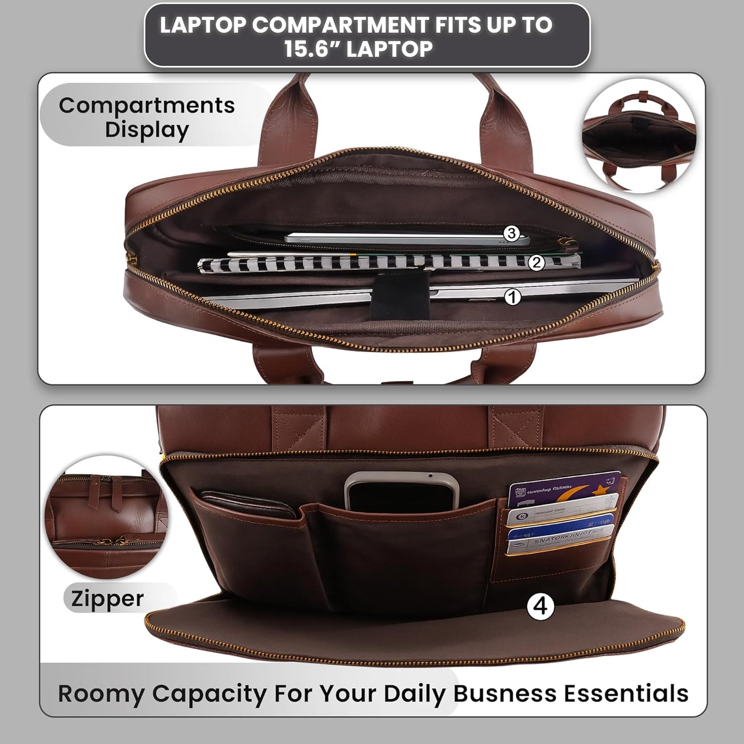 16" Leather Laptop Bag for Men and Women - Meeting Bag / Briefcase