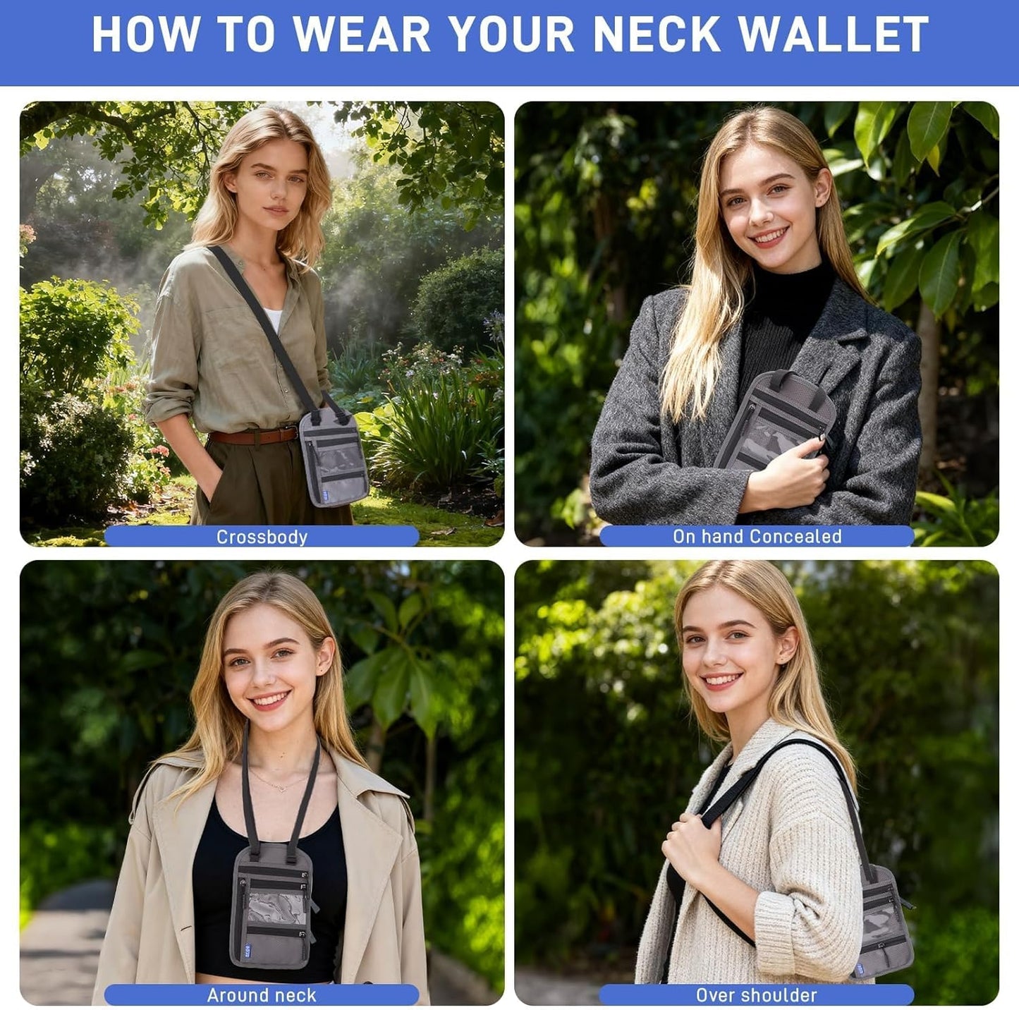 2-Pack RFID Blocking Passport Holder for Travel, Hidden Neck Wallet with Phone Pocket, Lightweight Under-Clothing Pouch Fits 7-inch phone & 2 Passports, Anti-Theft Organizer (Black & Dark Gray)