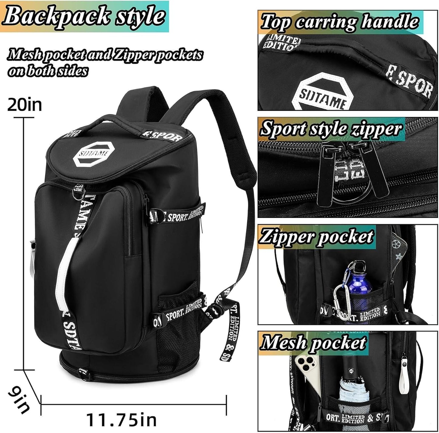 Gym Duffle Bag Backpack with Shoe Compartment,4 ways Travel Backpack for Women and Men,Multi-Functional Weekender bag with Waterproof Layer&Laptop Compartment for Fitness, Travel,Camping