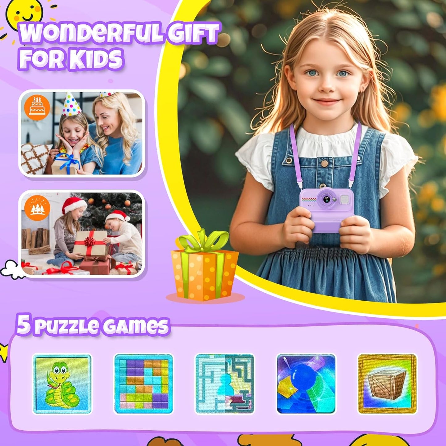 Kids Instant Print Camera, 1080P HD with 3 Rolls Print Paper & 32GB Card, Ideal Kids Toys Gift for Boys & Girls Age 3-14 (Purple)