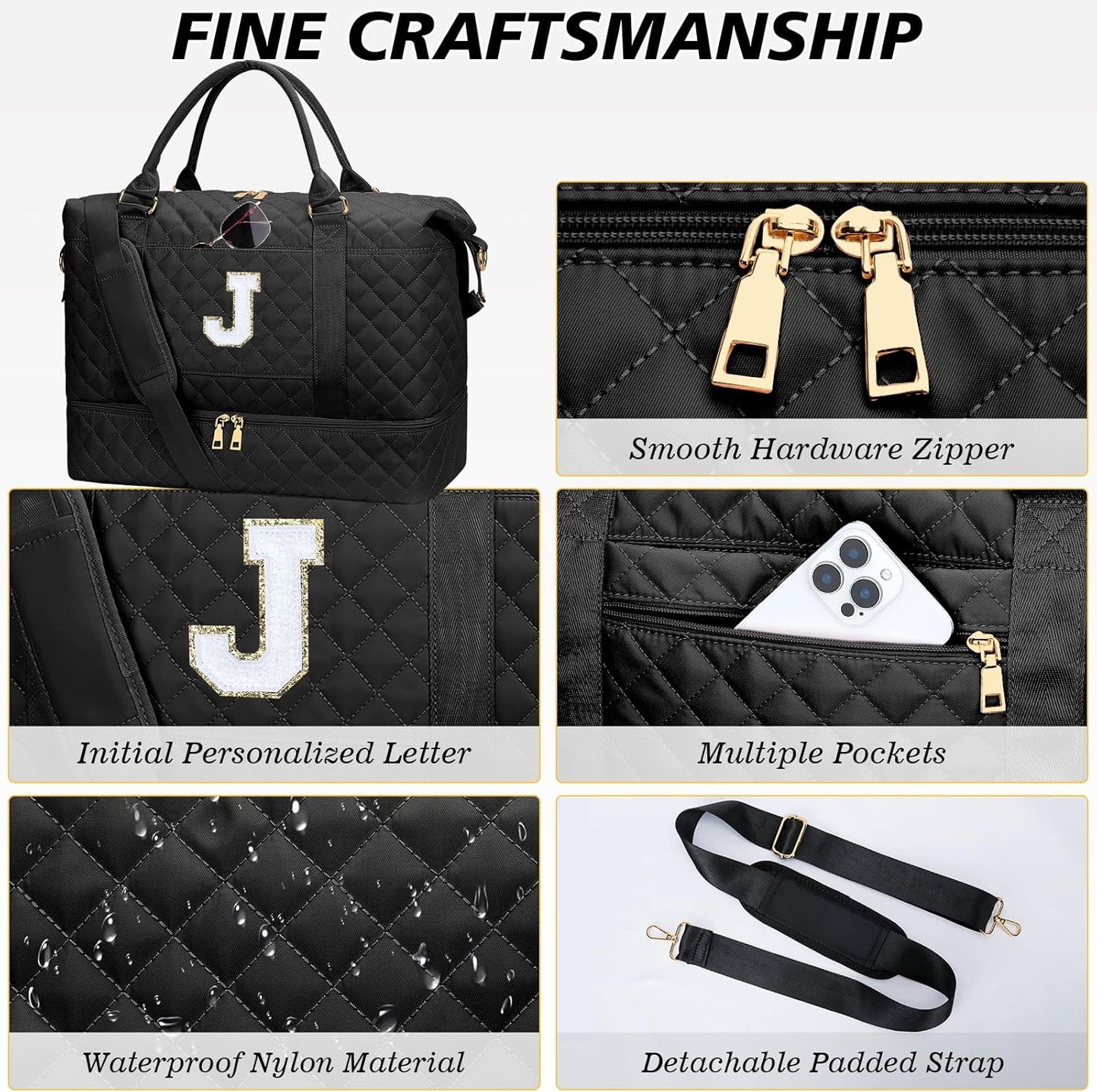 Gifts for Women Girls Initial Travel Duffle Bag Quilted Weekender Carry-On Overnight with Cosmetic Bag, Gym Bag with Shoe Compartment Hospital Bag for Labor Delivery, Black J